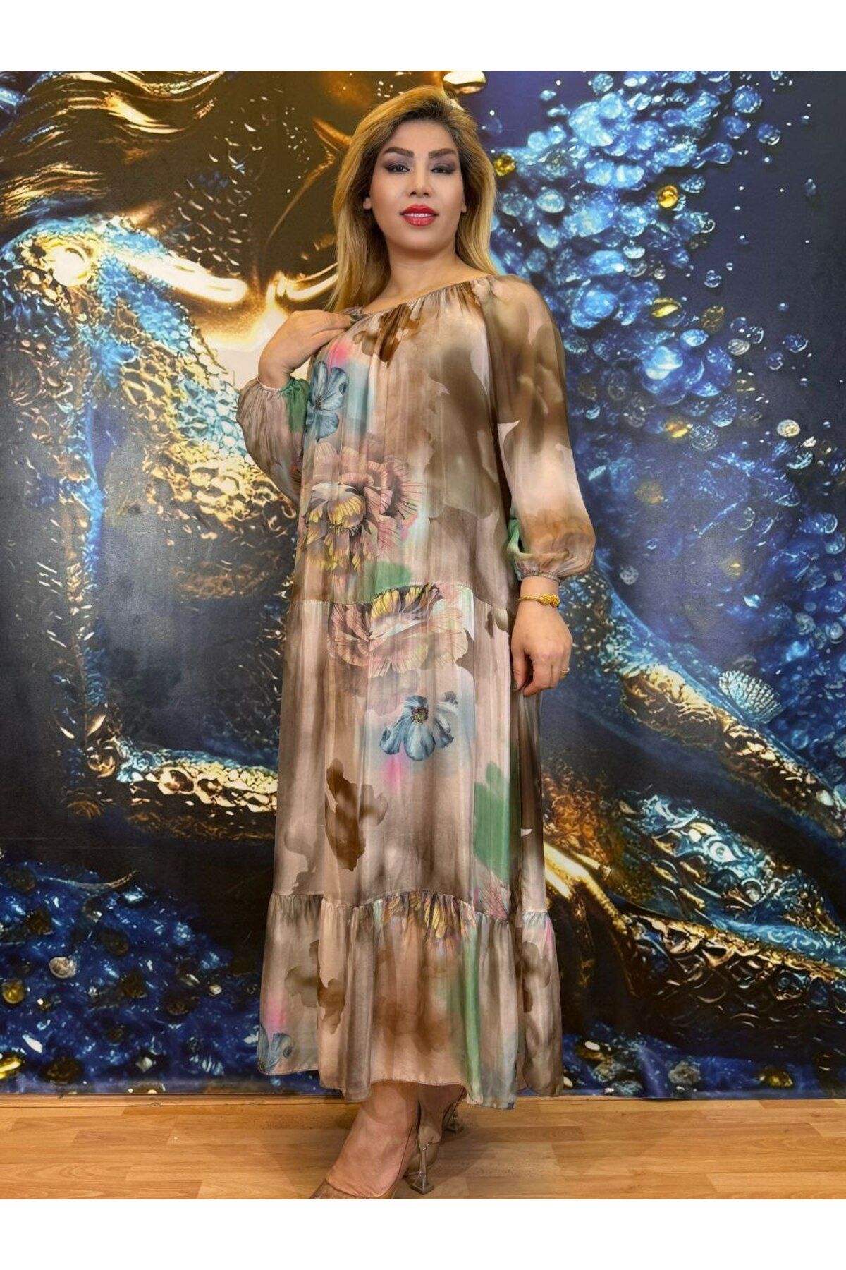 Yeşilmoda Şifon elbise,Yazlik,çiçekli,astarlı,maxi elbise,Uzun kollu, renkli,Standart beden,Yüksek kalite