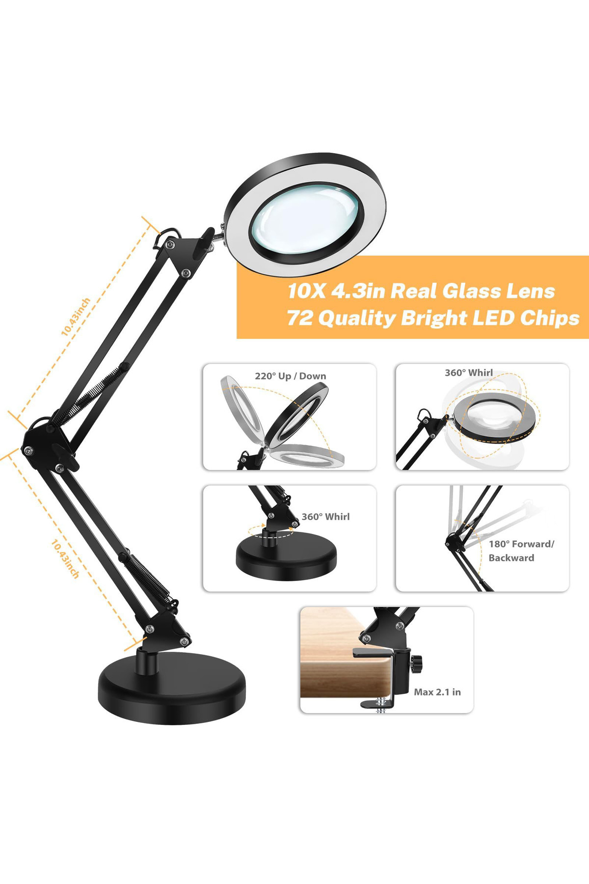 COOYA-2 in 1 foldable LED desk lamp, 5 color modes, 10 brightness levels, with 10x magnifying glass, black 4