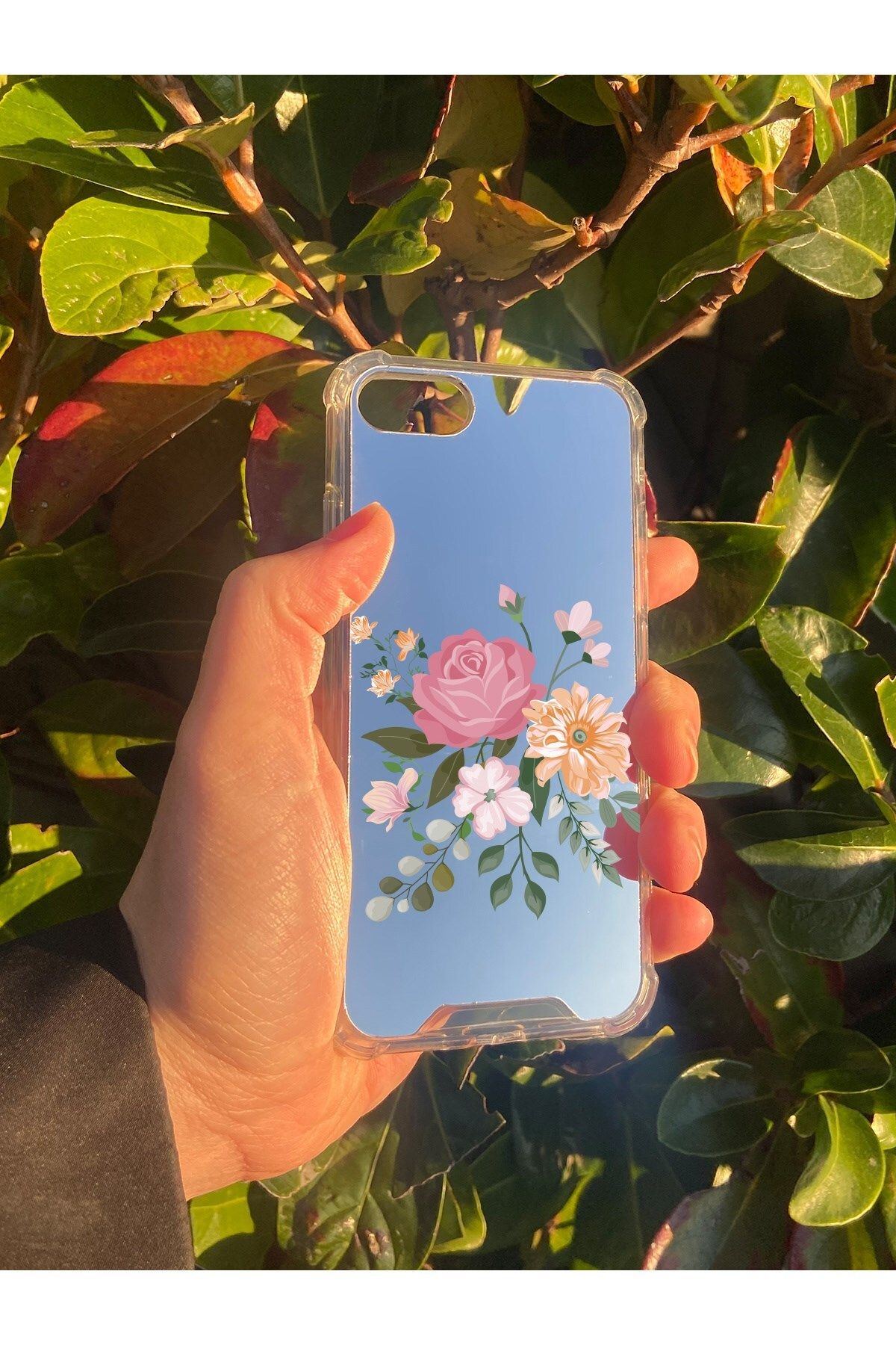 blueb İphone 8 Uyumlu Aynalı Pembe Çiçek Desenli Darbe Kamera Korumalı Silikon Telefon Kılıfı