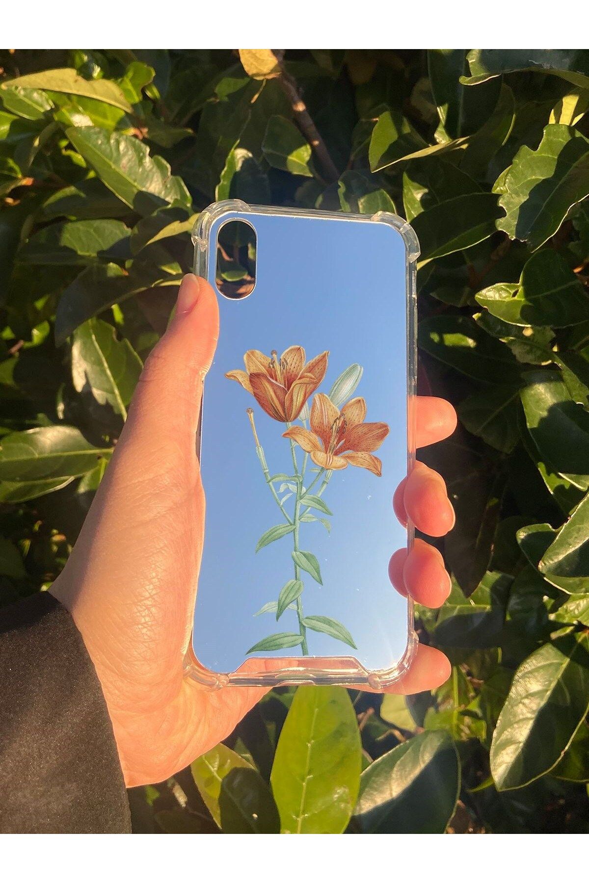blueb İphone X Uyumlu Aynalı Turuncu Lale Desenli Darbe Kamera Korumalı Silikon Telefon Kılıfı