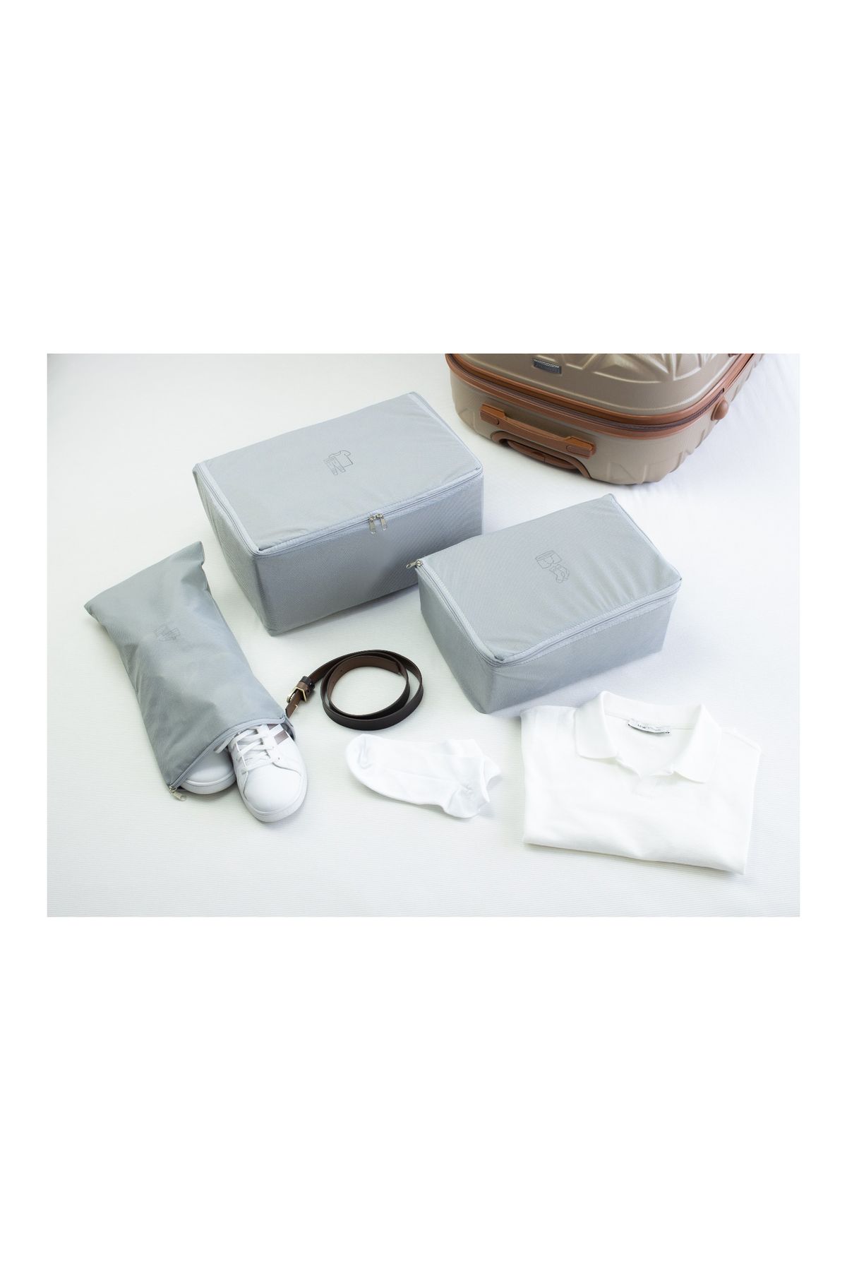 Roza's Home Set De 3 Organizatoare De Valize Cu Pete Gri - Șosete, Rufe Și Plasă De Pantofi - One Size