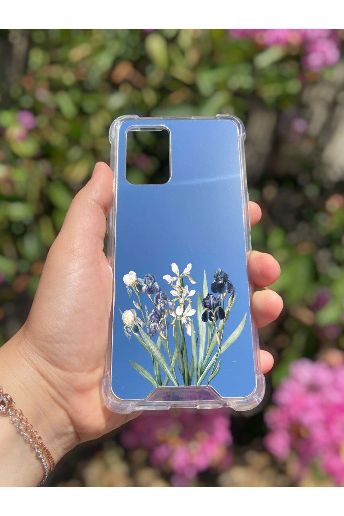 blueb Oppo A74 Uyumlu Aynalı Mor Beyaz Desenli Darbe Kamera Korumalı Silikon Telefon Kılıfı