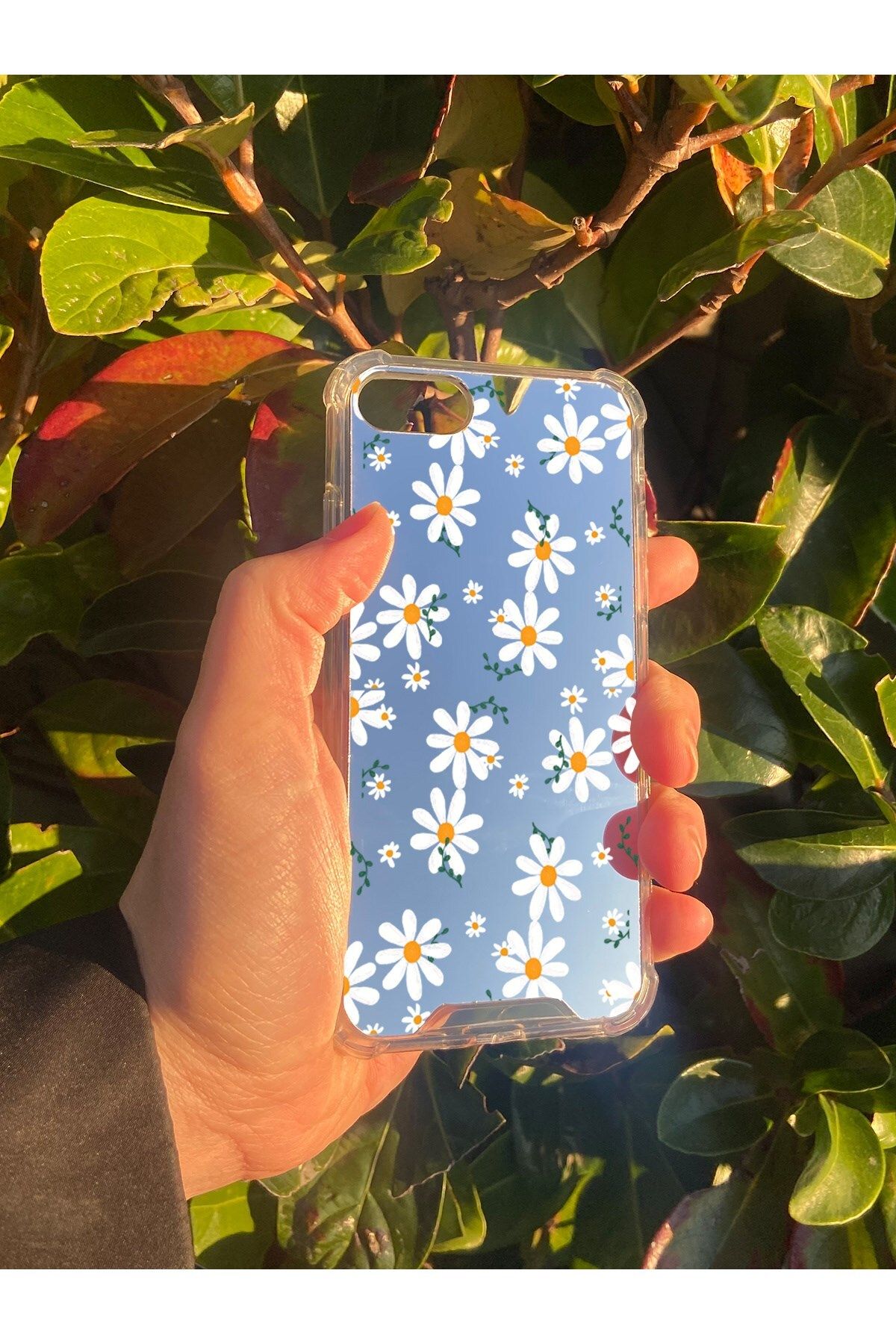 blueb İphone 7 Uyumlu Aynalı Papatya Desenli Darbe Kamera Korumalı Silikon Telefon Kılıfı