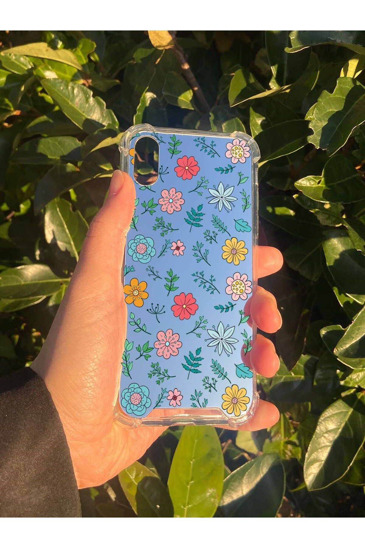 MBB ETİCARET İphone XS Uyumlu Aynalı Renkli Çiçek Desenli Darbe Kamera Korumalı Silikon Telefon Kılıfı