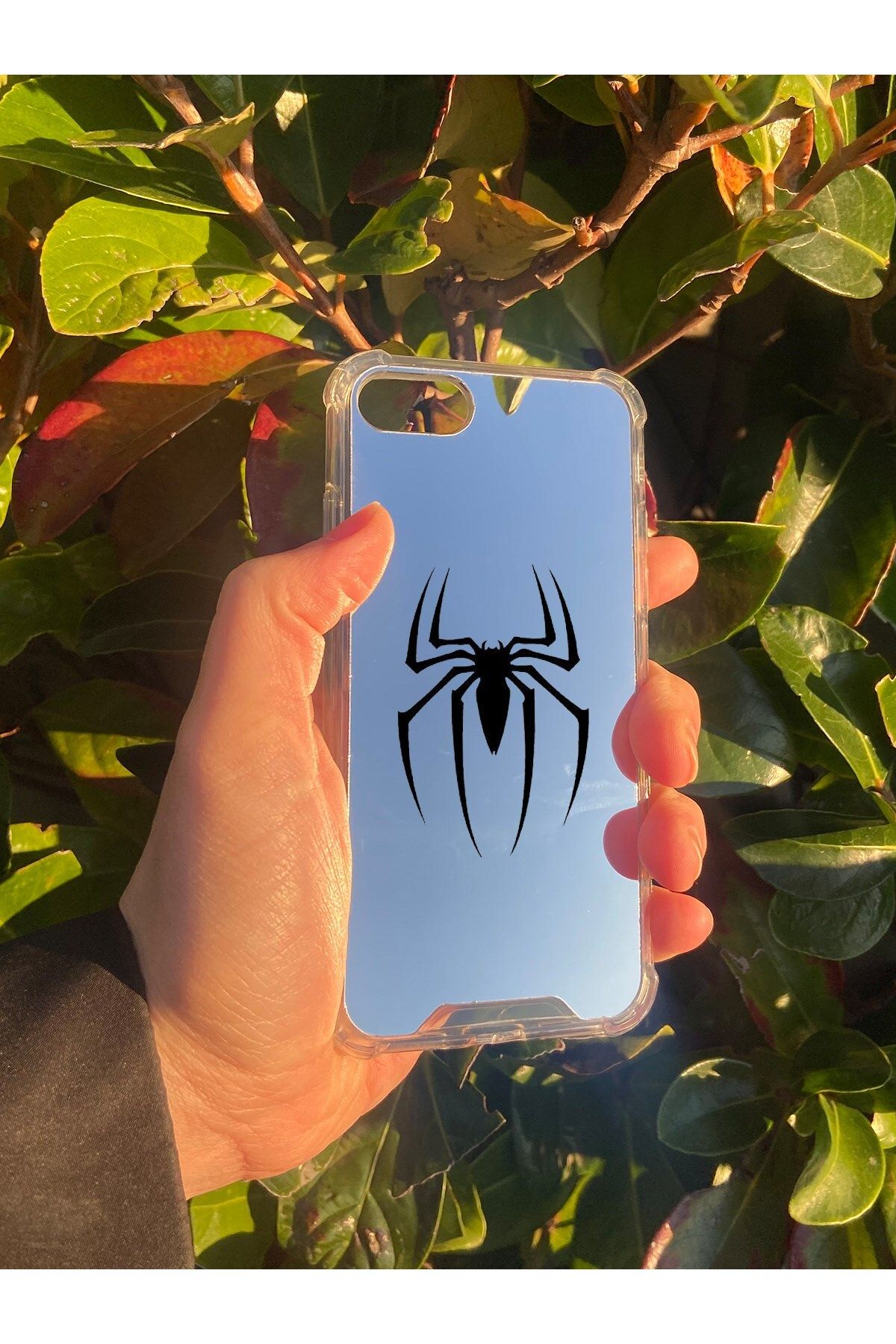 MBB ETİCARET İphone 8 Uyumlu Aynalı Örümcek Desenli Darbe Kamera Korumalı Silikon Telefon Kılıfı