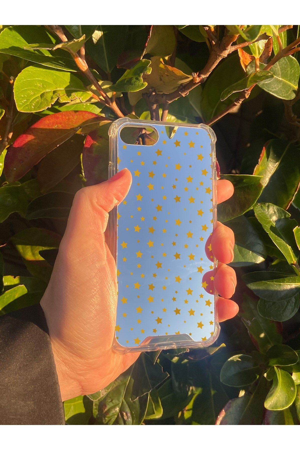 blueb İphone SE Uyumlu Aynalı Yıldız Desenli Darbe Kamera Korumalı Silikon Telefon Kılıfı