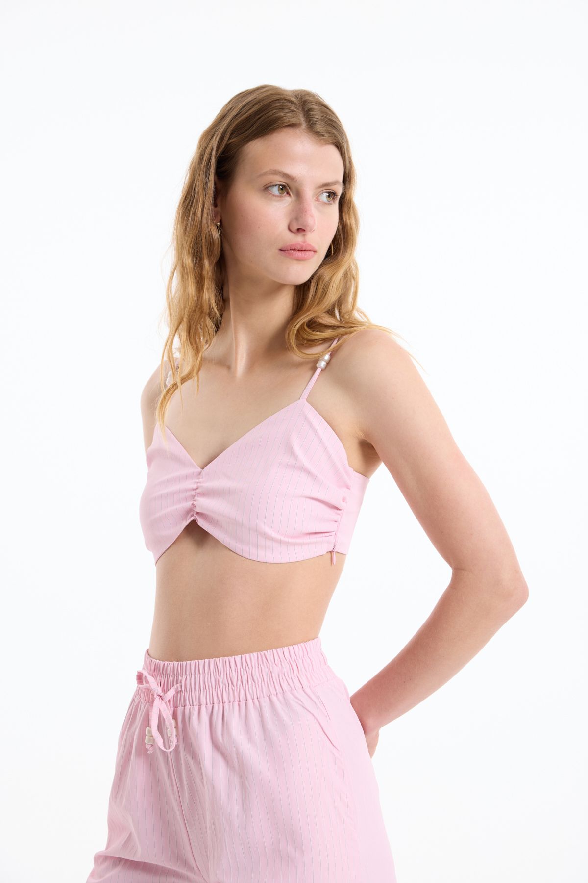 Quzu-Pink Beaded Strappy Striped Bustier Blouse 4