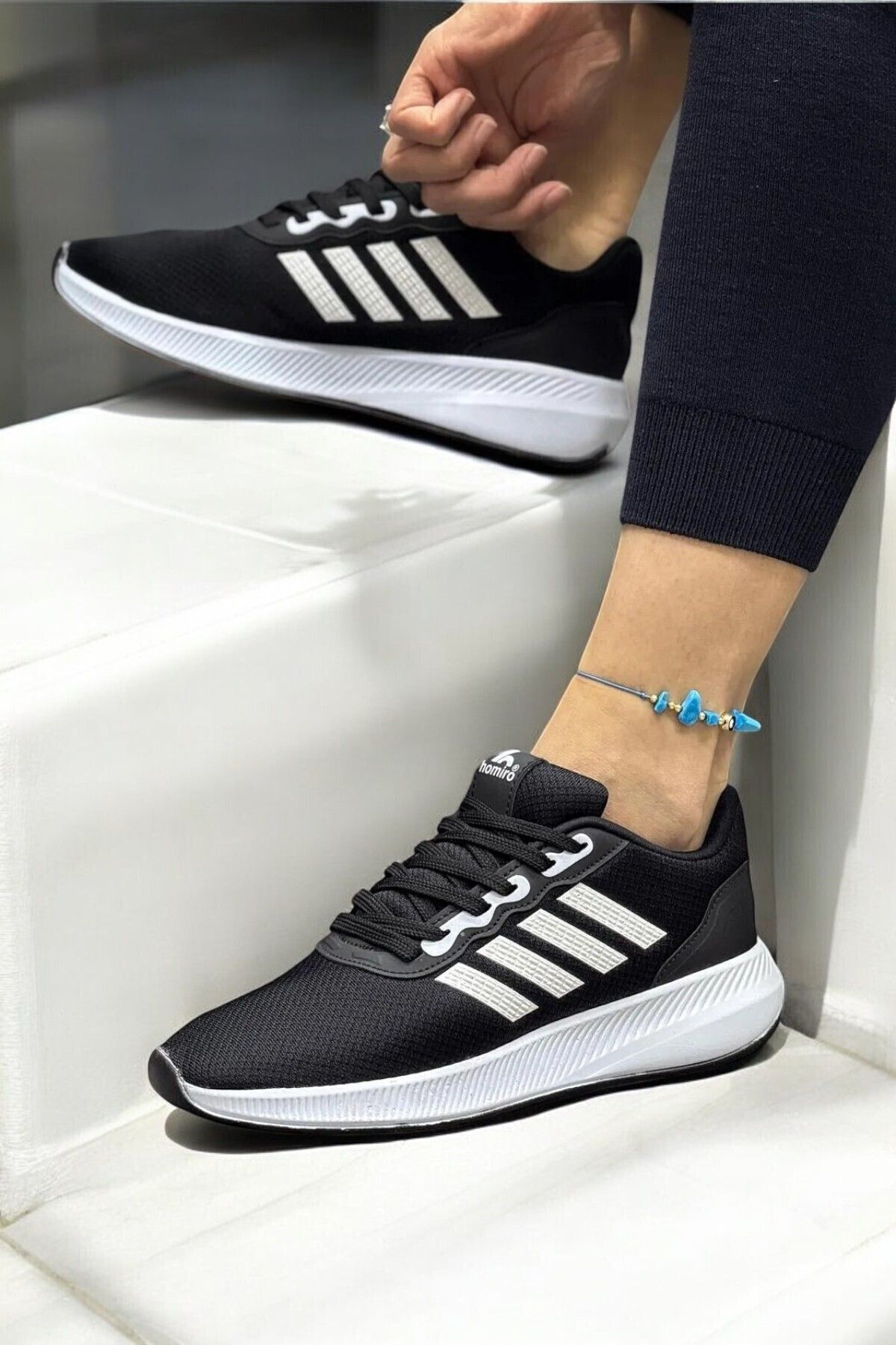 BİKAJOO Unisex Siyah Beyaz Dört Bant Günlük Fileli Rahat Spor Ayakkabı BKJ4004