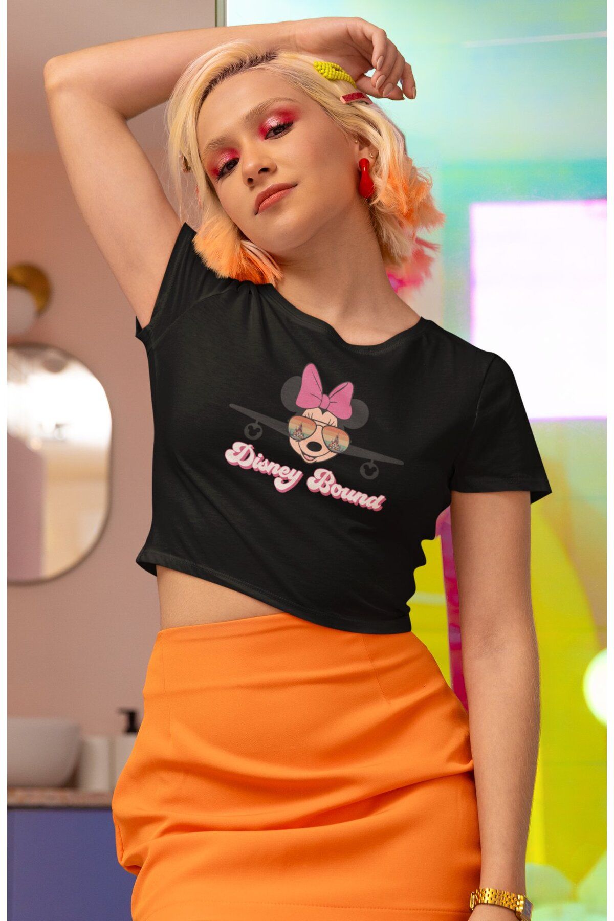 Fuddy Moda Çizgi Film Baskılı Crop Top, Kadın Min nie Bound Temalı Crop Bluz
