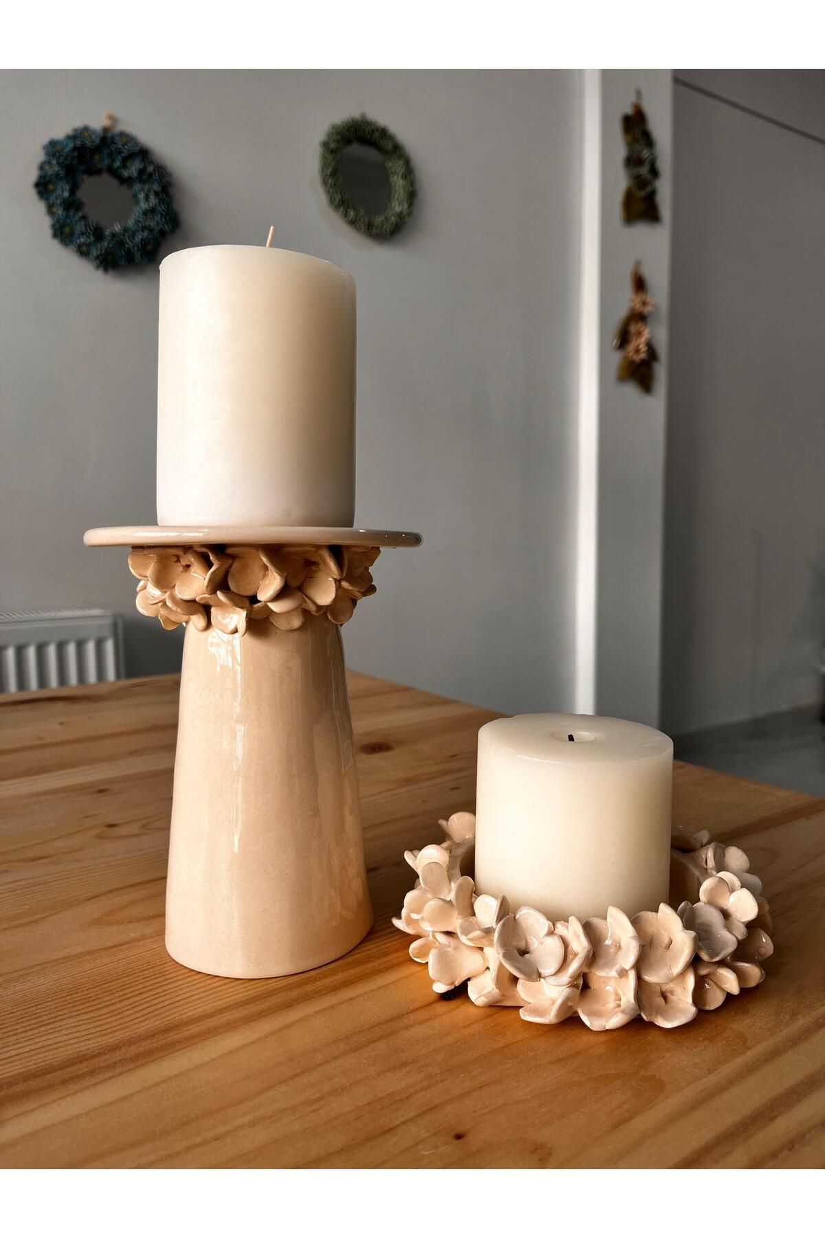 GÜLDANE SANAT ATÖLYESİ ÇİÇEKLİ SERAMİK MUMLUK SET