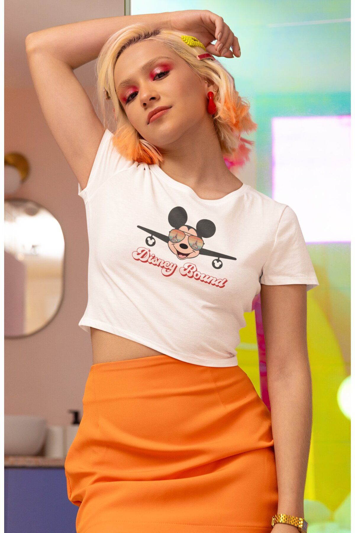 Fuddy Moda Mickeyy Bound Baskılı Crop Top, Kadın Çizgi Film Temalı Crop Bluz