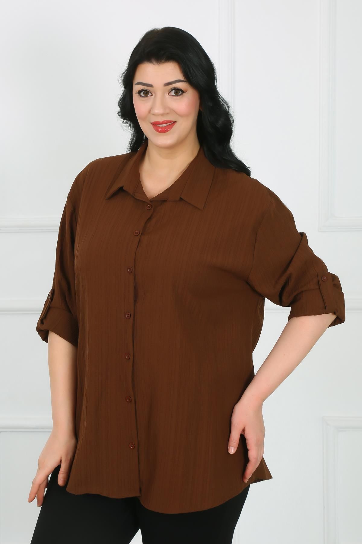 By Alba Collection-قميص أسمر كبير الحجم - تصميم ملفوف 4