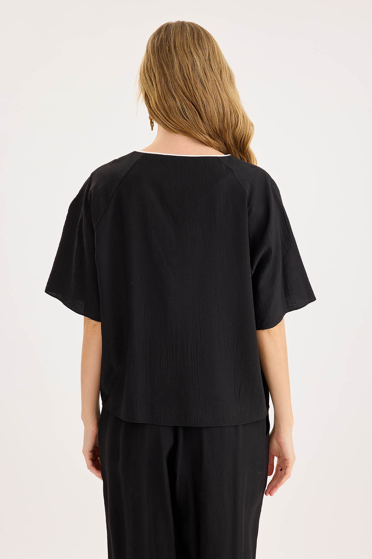 Vitrin-V-Neck Front Striped Short Sleeve Blouse 5