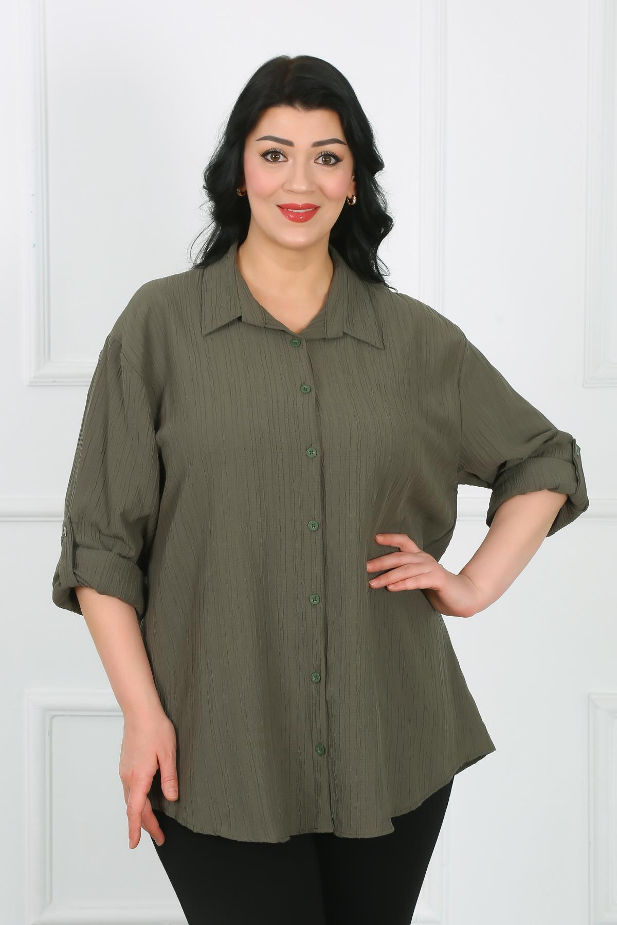 By Alba Collection  Kadın Haki Bürümcük Büyük Beden Gömlek