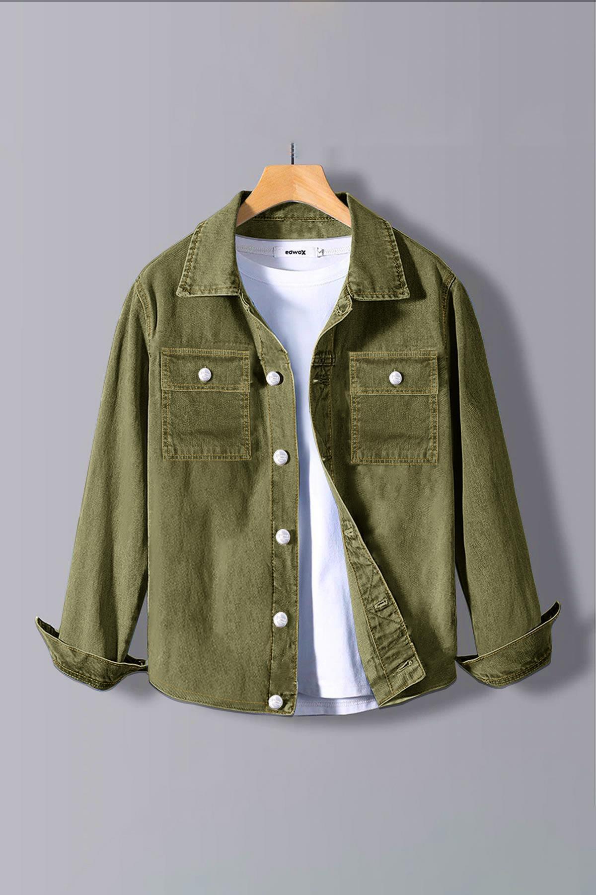 Edwox-Men's Denim Jeans Shirt Jacket Khaki Edw012 3