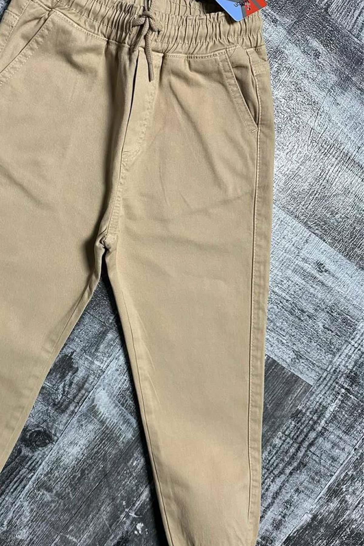 Riccotarz-Boy's Elastic Waist Rope Detailed Gabardine Jogger Cream Jeans 4