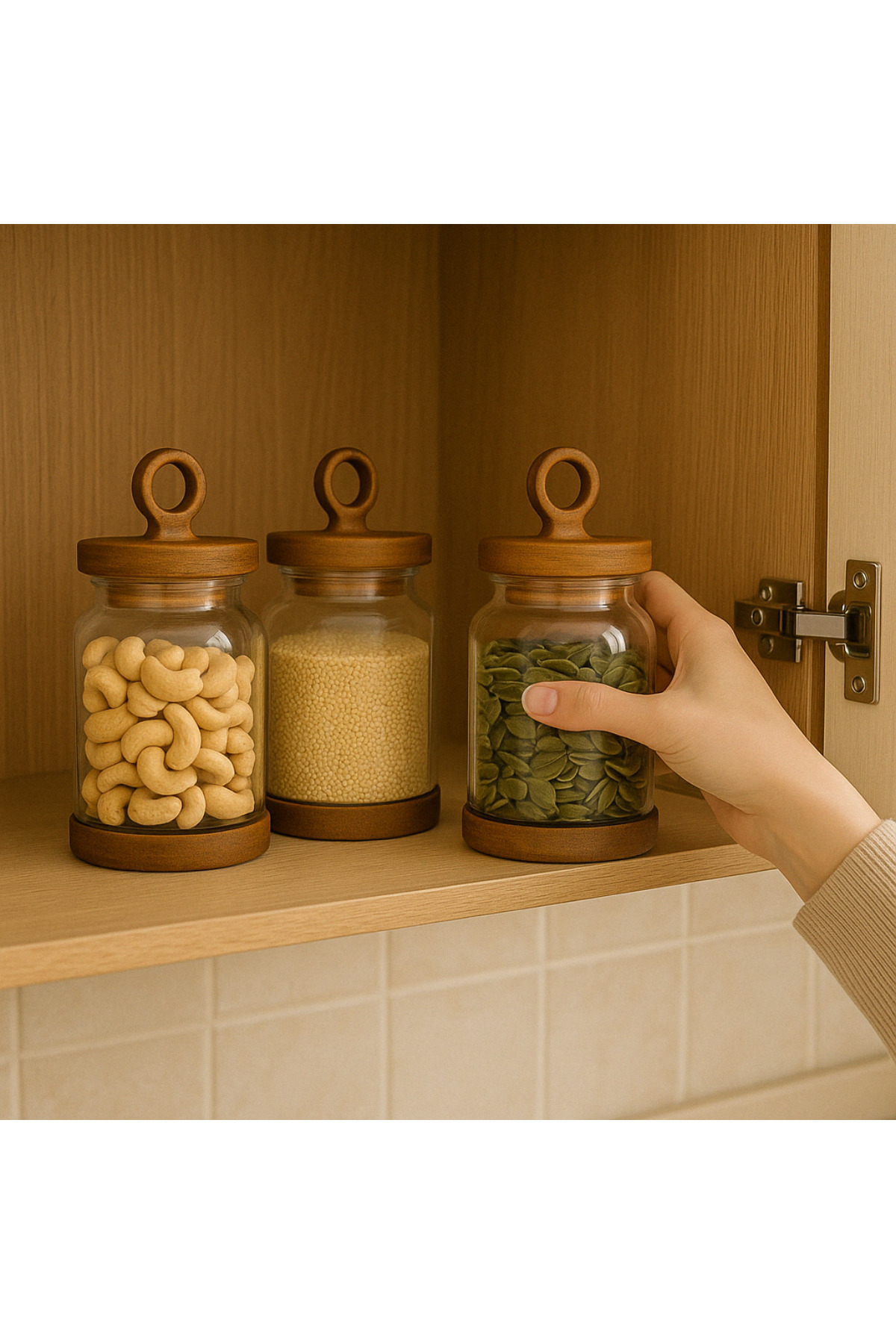 welcomein-Set of 3 Glass Jars with Wooden Lids, Vacuum Lids, Large Size Food Storage Container 2
