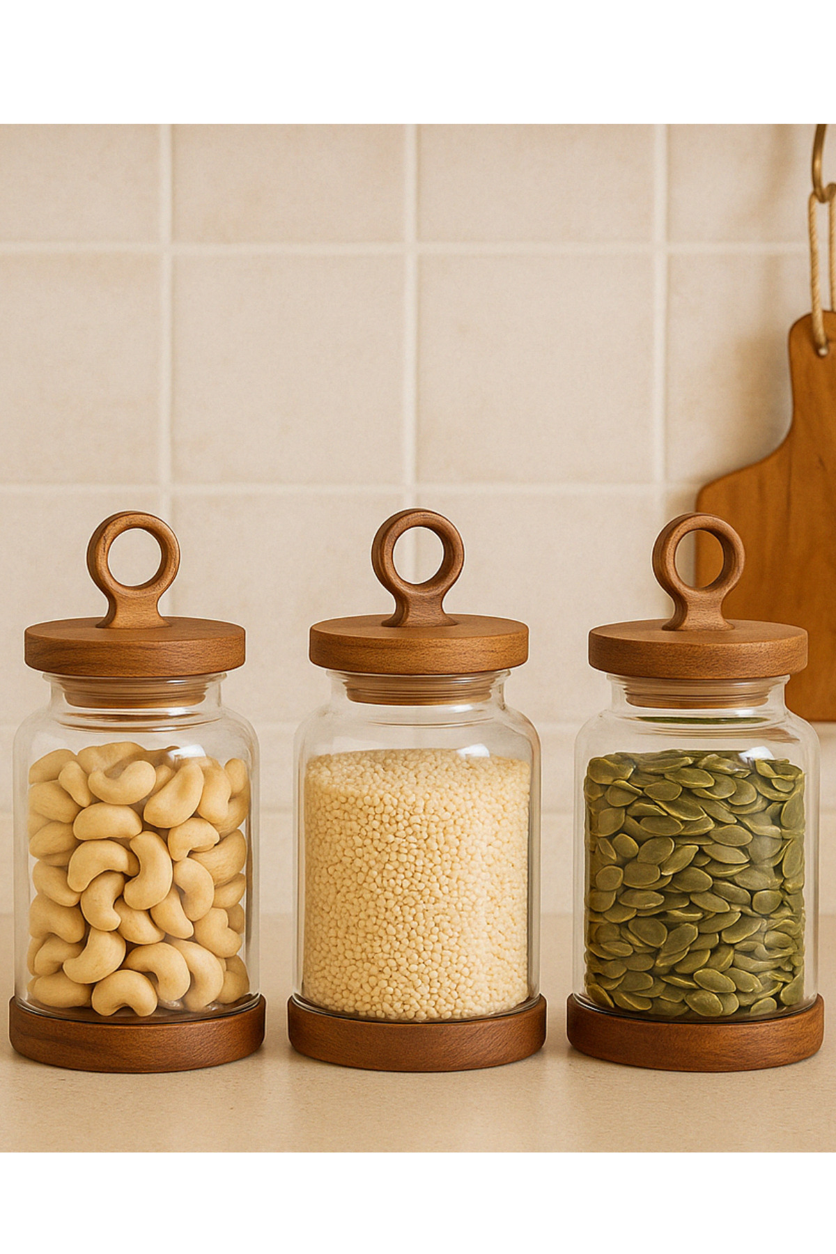 welcomein-Set of 3 Glass Jars with Wooden Lids, Vacuum Lids, Large Size Food Storage Container 5