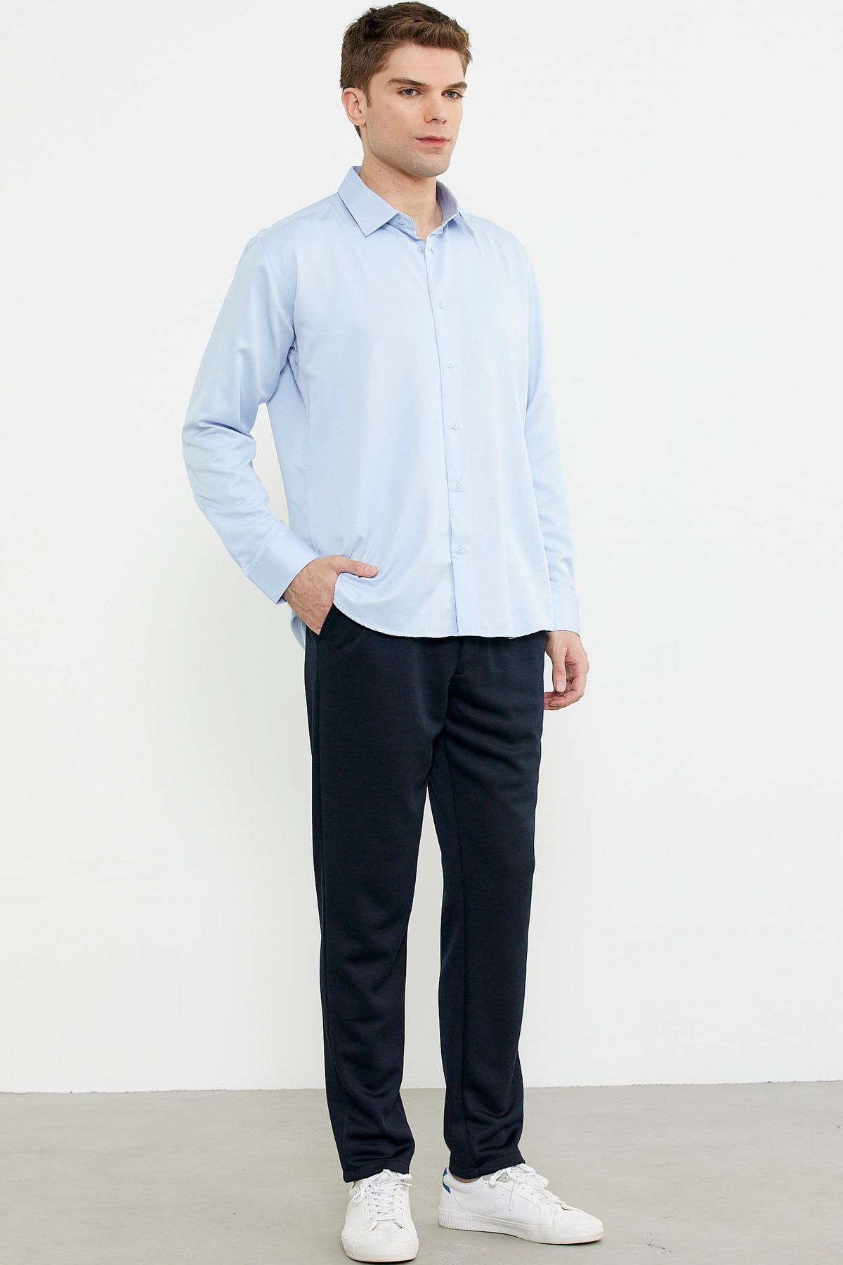 Sementa-Elastic Waist Trousers with Side Pockets - Navy Blue 2
