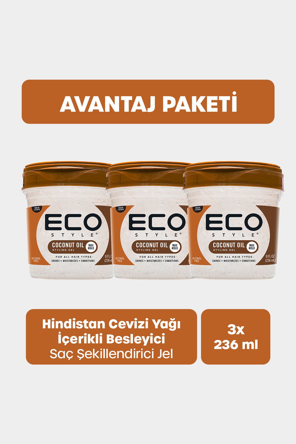 ECO STYLE Hindistan Cevizi Yağı Saç Jölesi Güçlü Tutuş 3x236ml Coconut Oil Styling Gel Max Hold