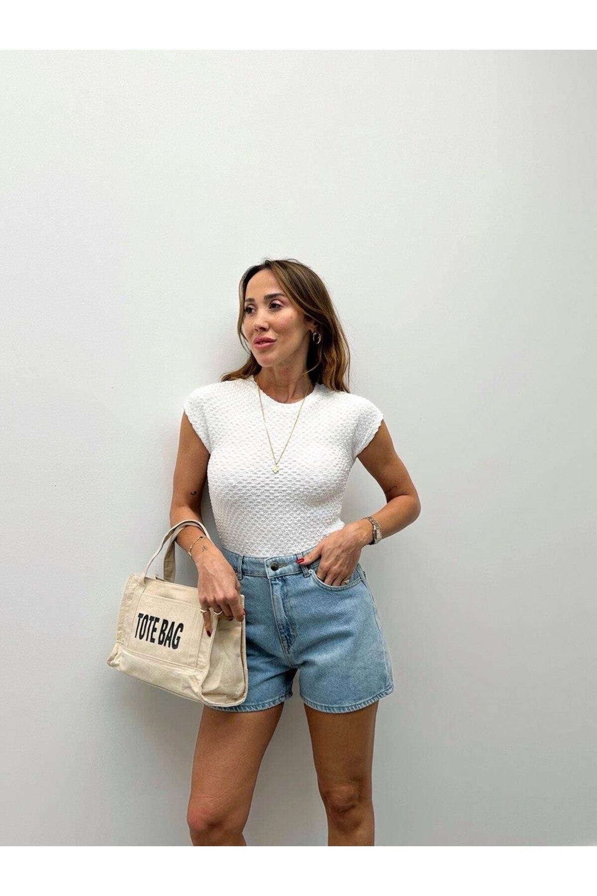 Maldia Shop Kadın Bürümcük Doku T Kol Basic Ekru Bluz