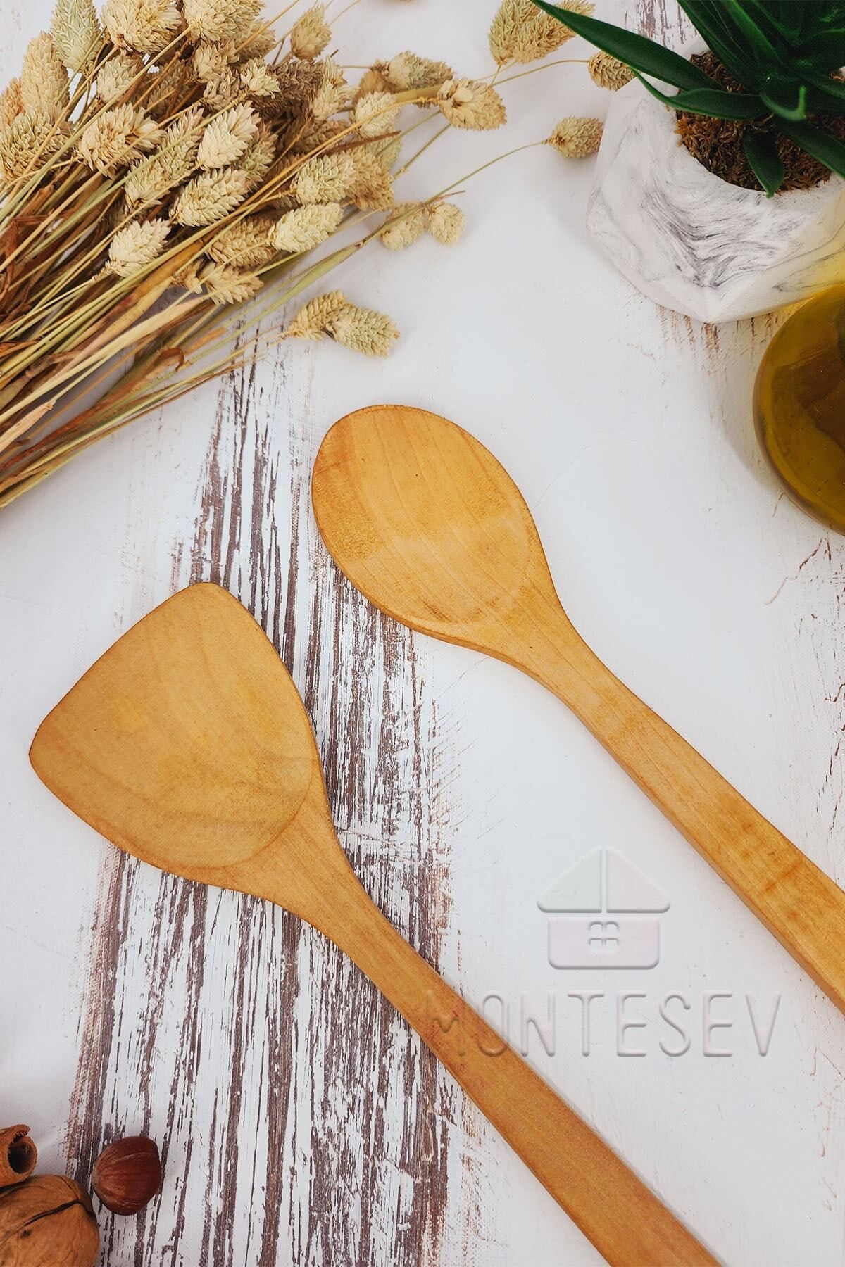 MONTESEV-Wooden Wooden Kitchen Spoon Set 2 Pieces Beech, Boxwood and Bamboo Wood Spoon 2