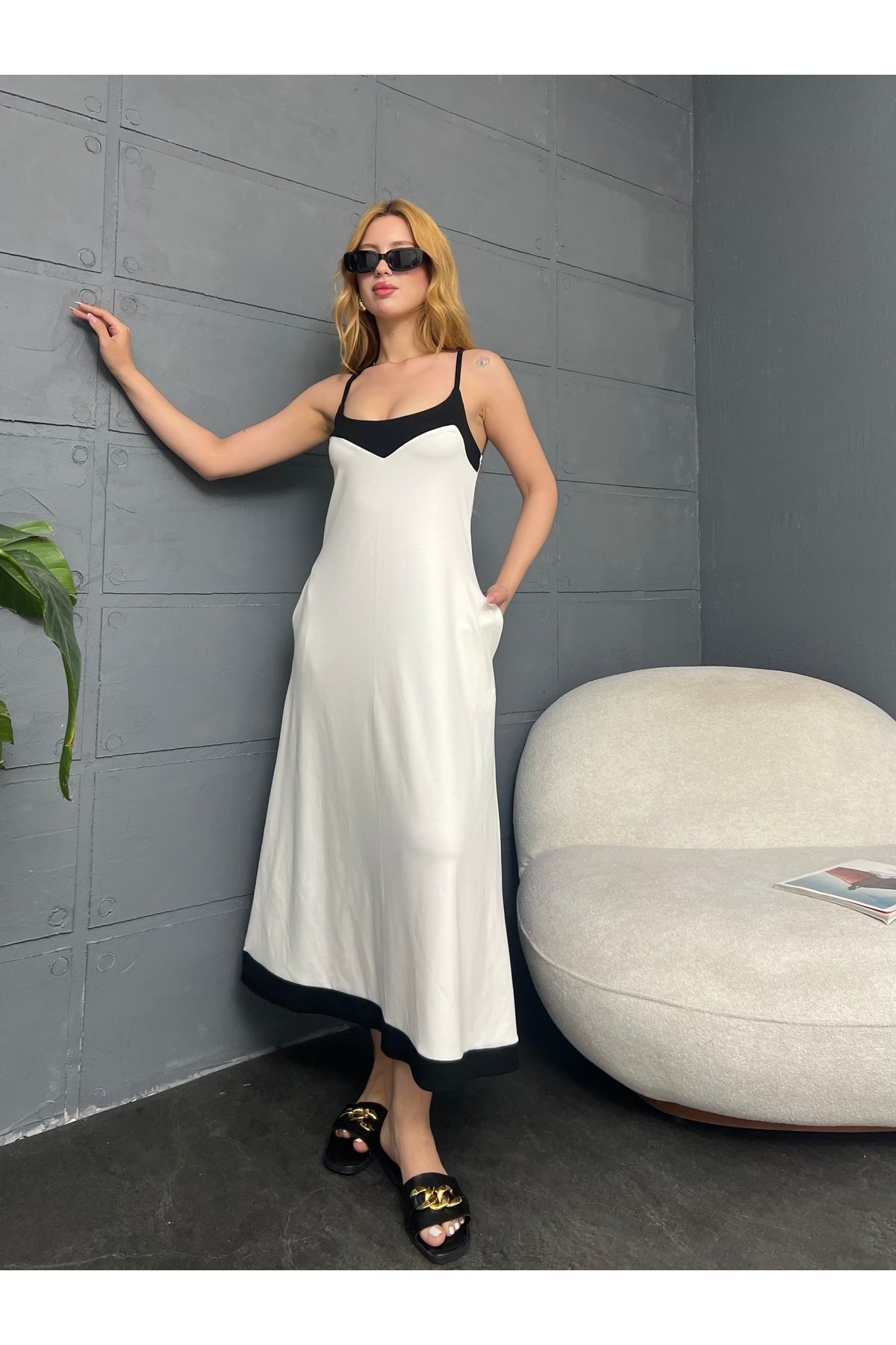 Cistern İstanbul-Rochie lungă de vară cu bretele albe de damă 3