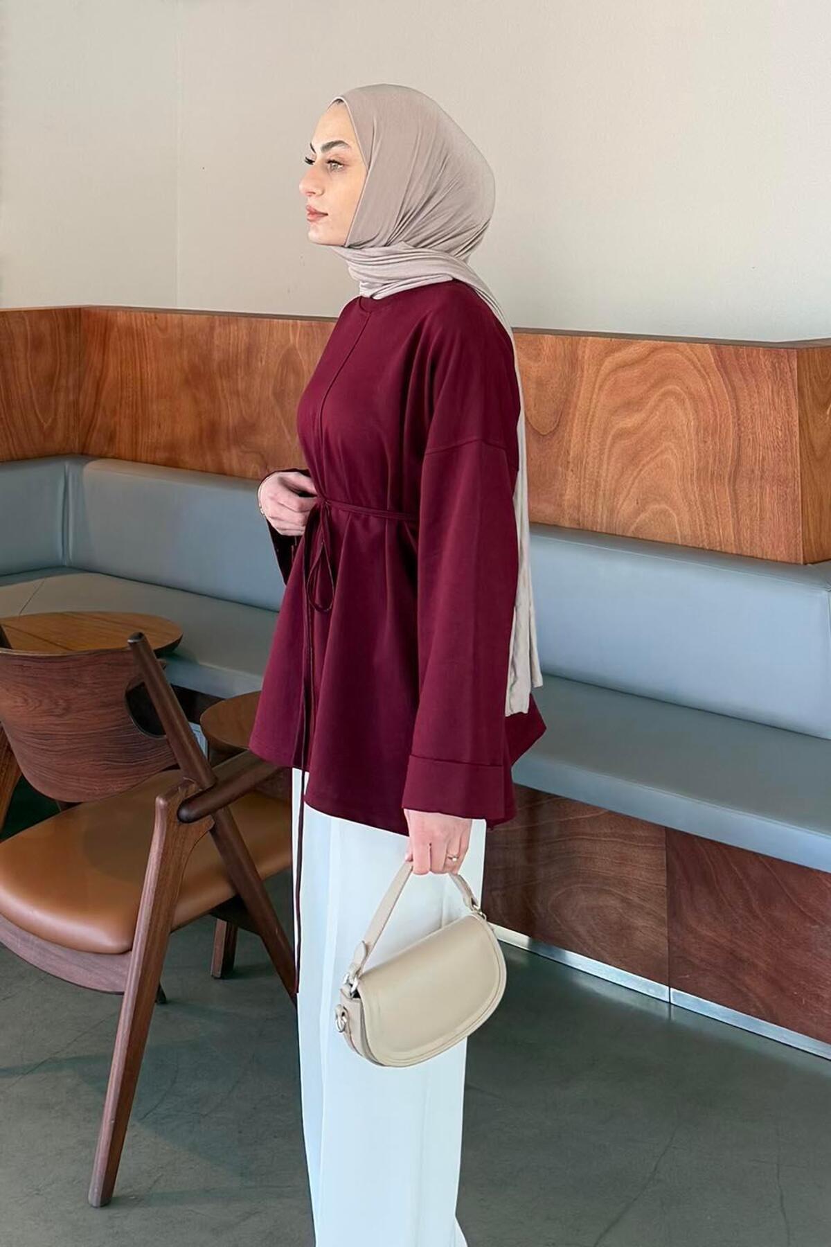 Lamelif  Yırtmaç Detaylı Sweat Bordo - Görsel 2