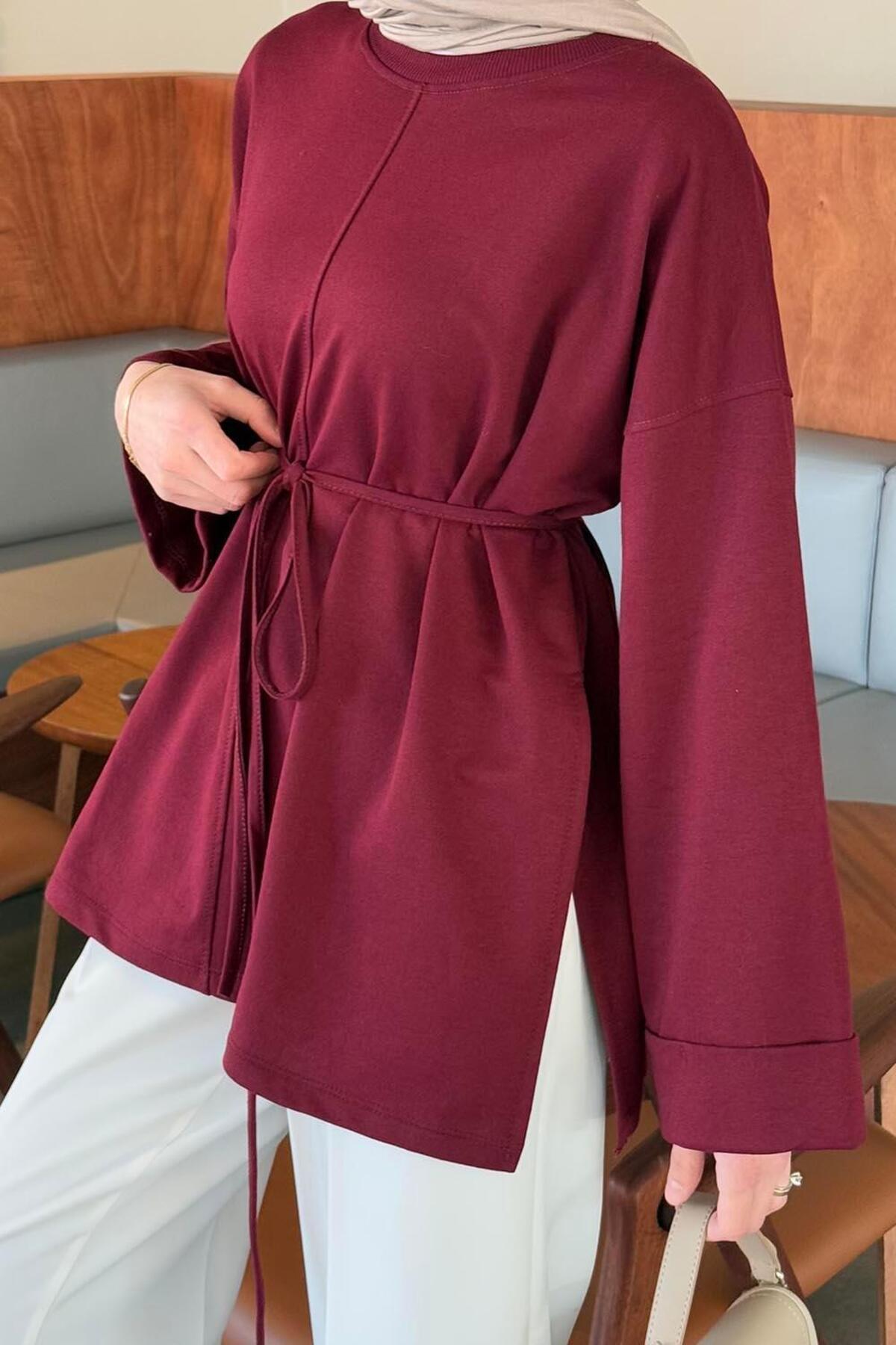 Lamelif  Yırtmaç Detaylı Sweat Bordo - Görsel 3