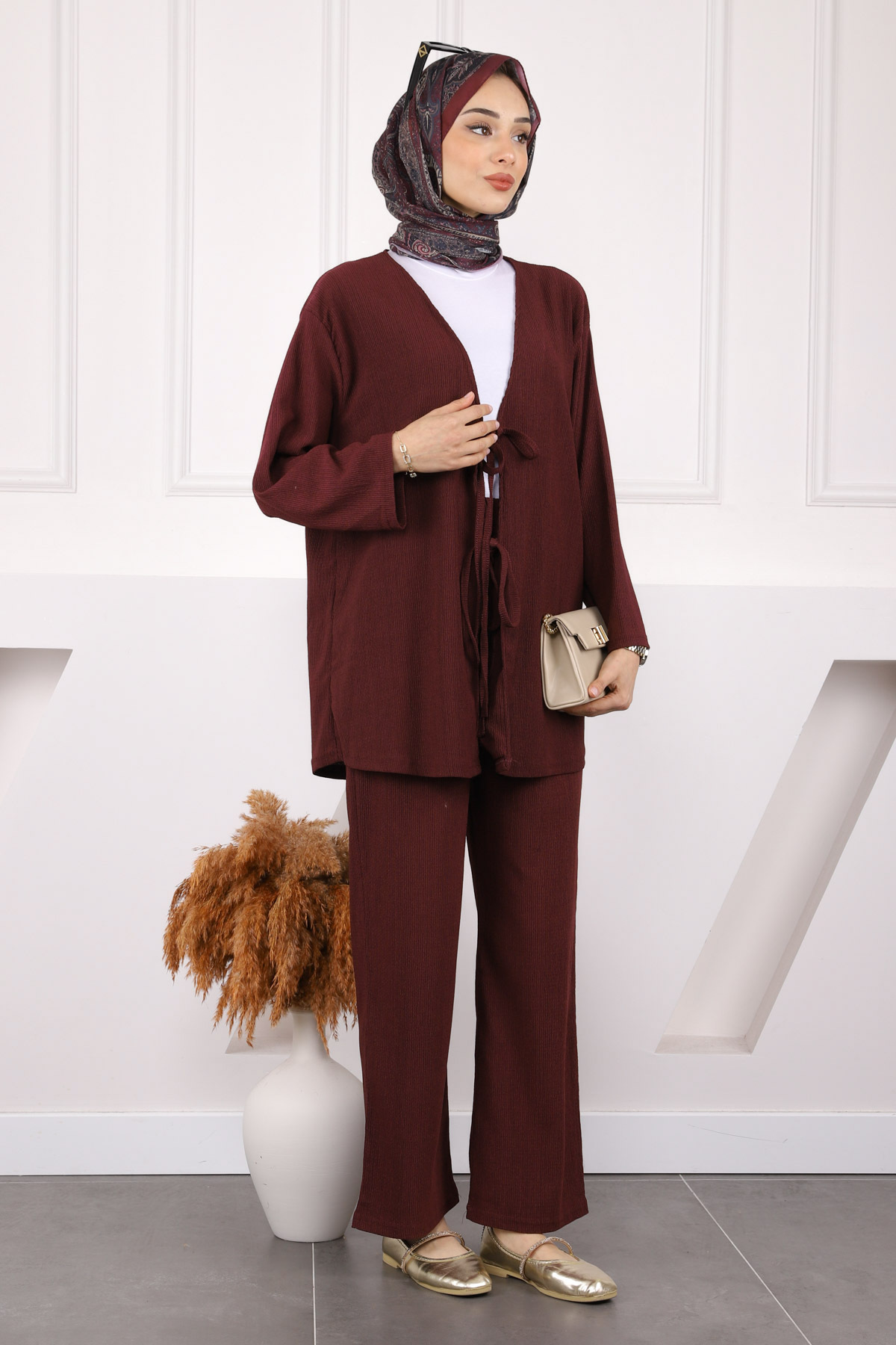 İmajButik  Mürdüm Ön Bağlamalı Bürümcük Kimono Pantolonlu Takım - Görsel 2