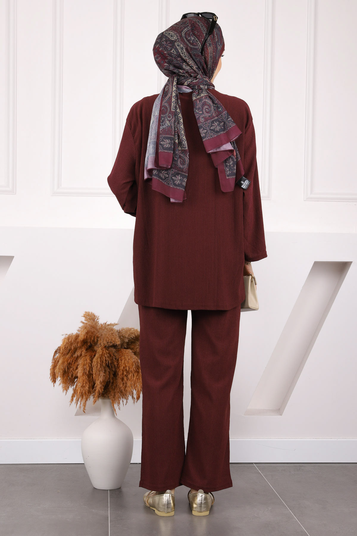 İmajButik  Mürdüm Ön Bağlamalı Bürümcük Kimono Pantolonlu Takım - Görsel 3