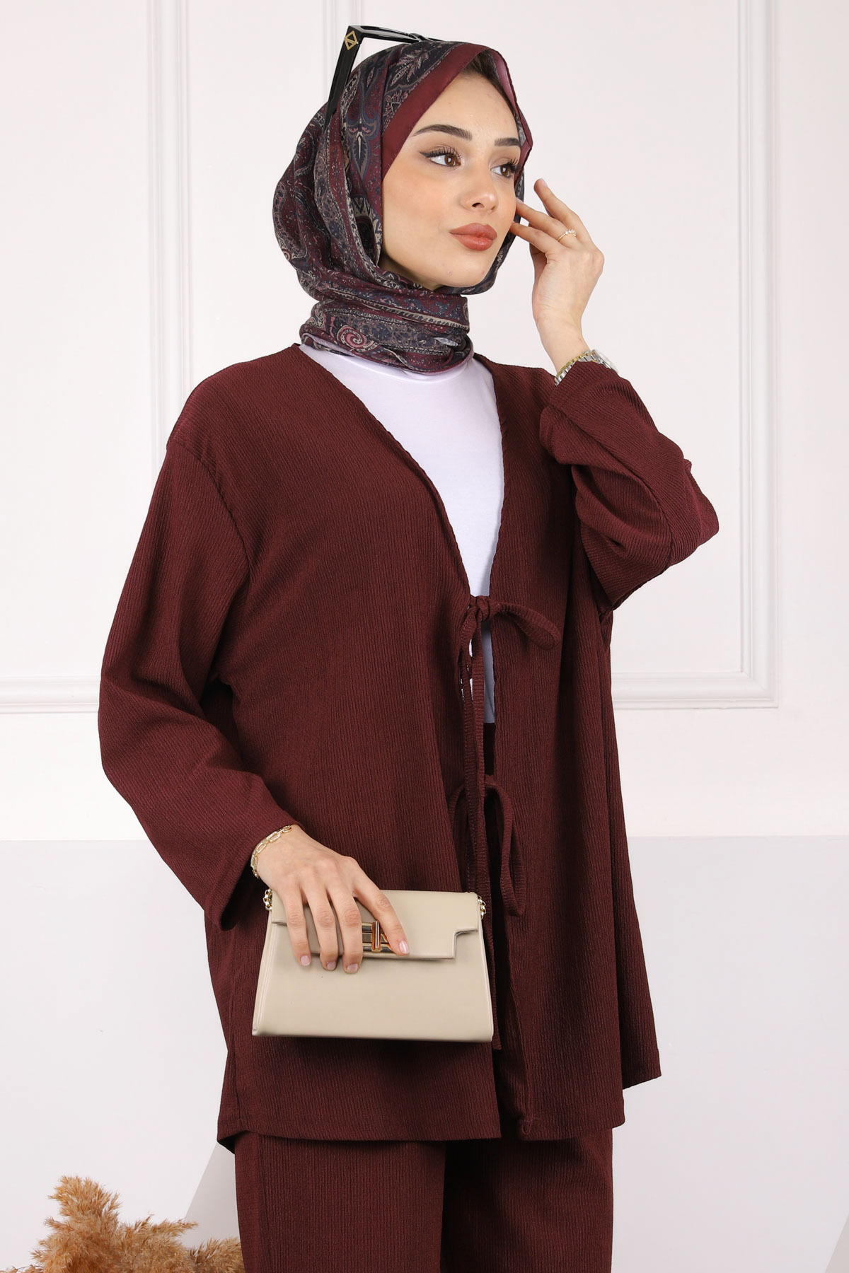 İmajButik  Mürdüm Ön Bağlamalı Bürümcük Kimono Pantolonlu Takım - Görsel 4