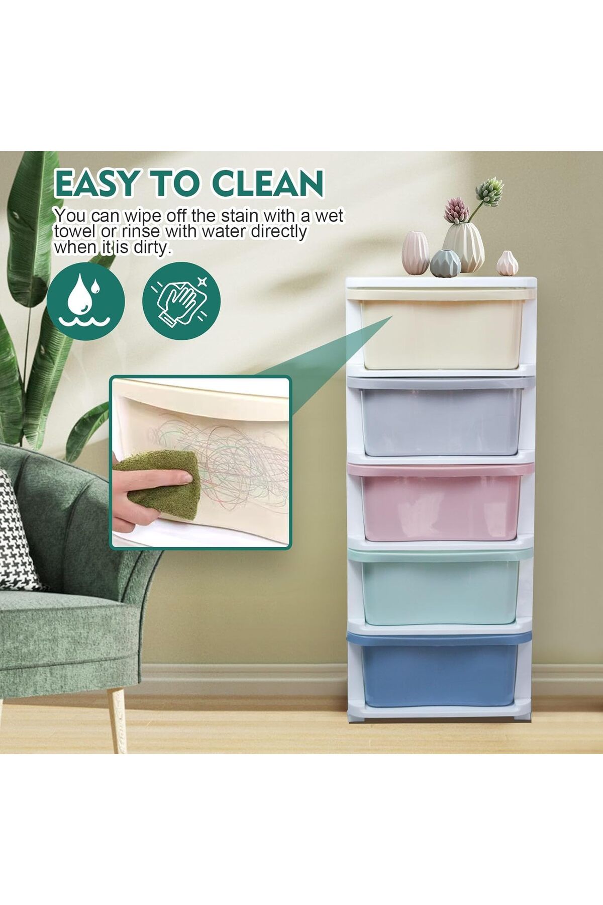 SKY TOUCH-Drawer Storage Cabinet Organizer,Drawer Organizer,Multi-Color 5-Tier Drawers with Wheels for Clothes 4