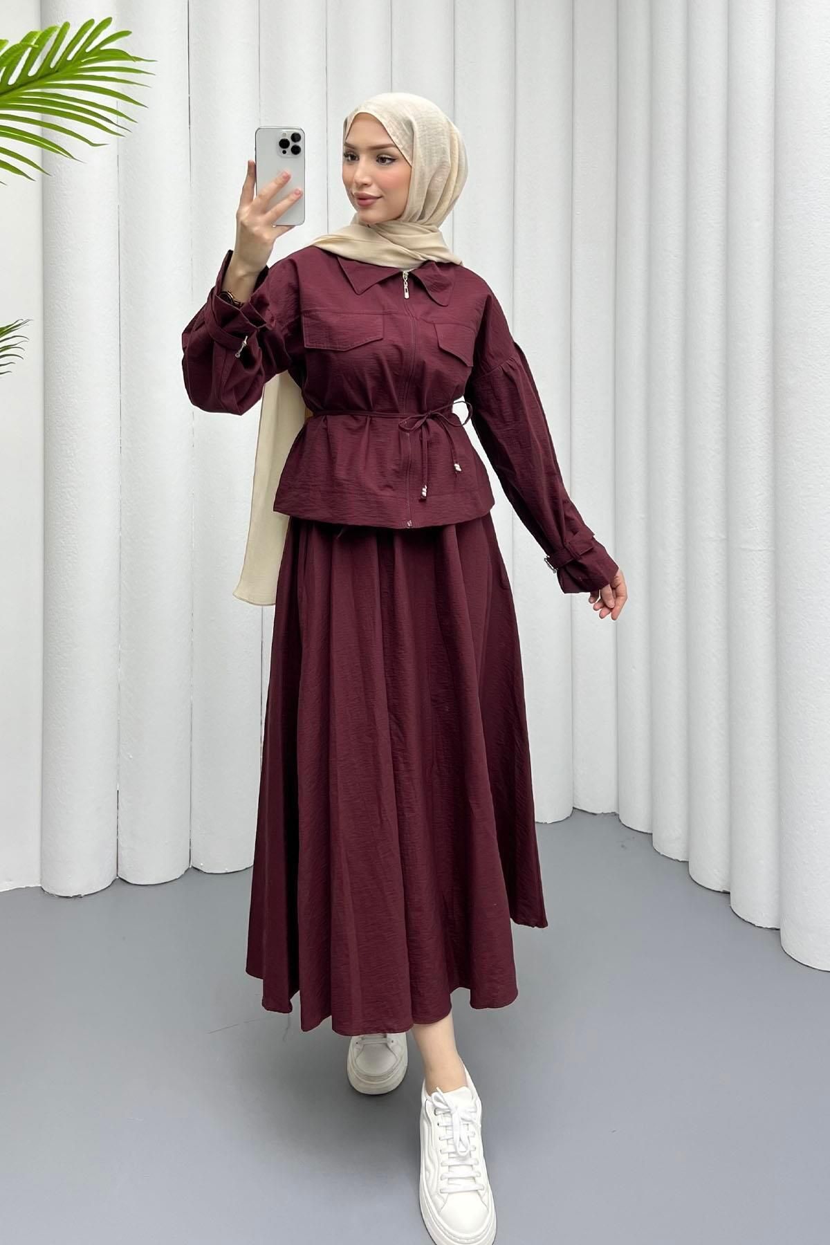 Modaensarbutik-Front Zipper Skirt Hijab Suit-Bordo 2