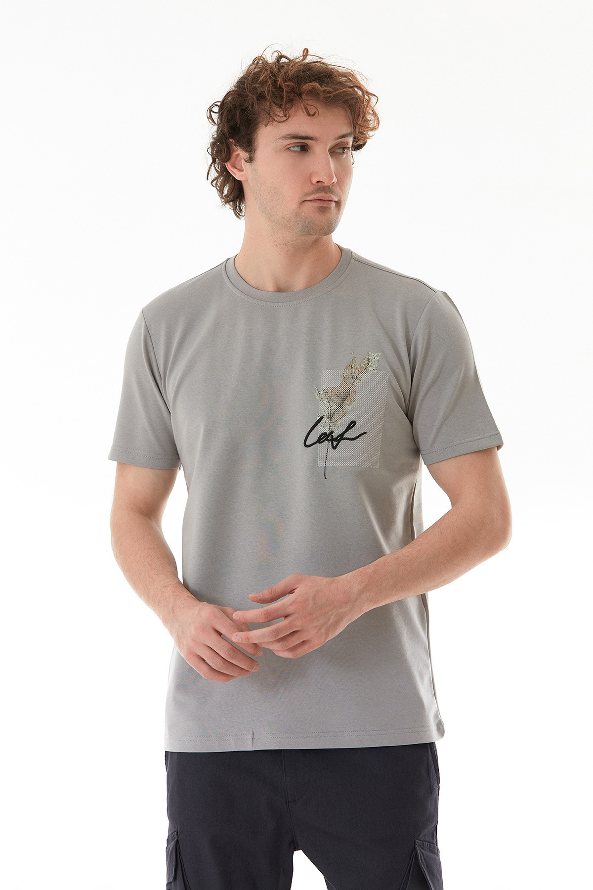 Fulla Moda-Leaf Printed Text Embroidered T-Shirt 1