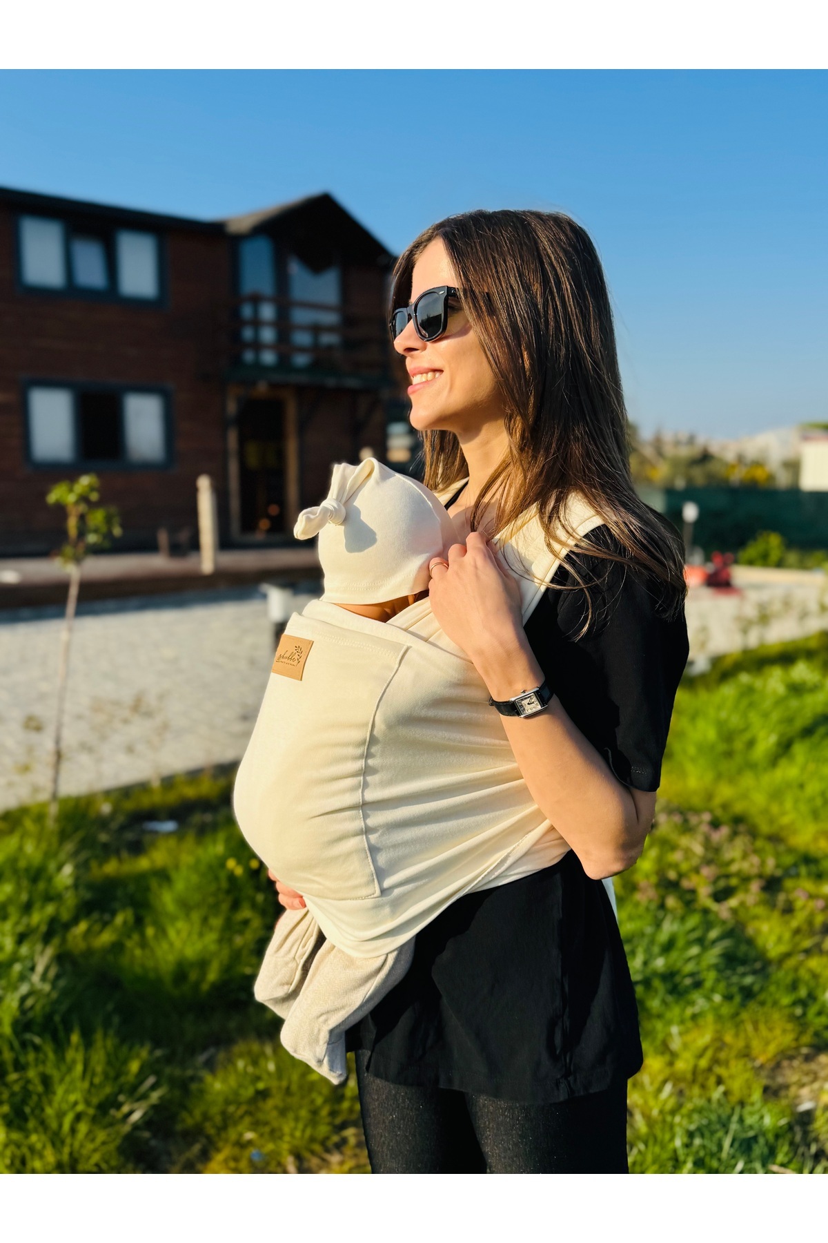 kubbe Pamuklu Esnek Wrap Sling, Cepli Anakucağı - Premium Birinci Sınıf - BabyWearing Kanguru fotoğrafı 7 (önizleme)