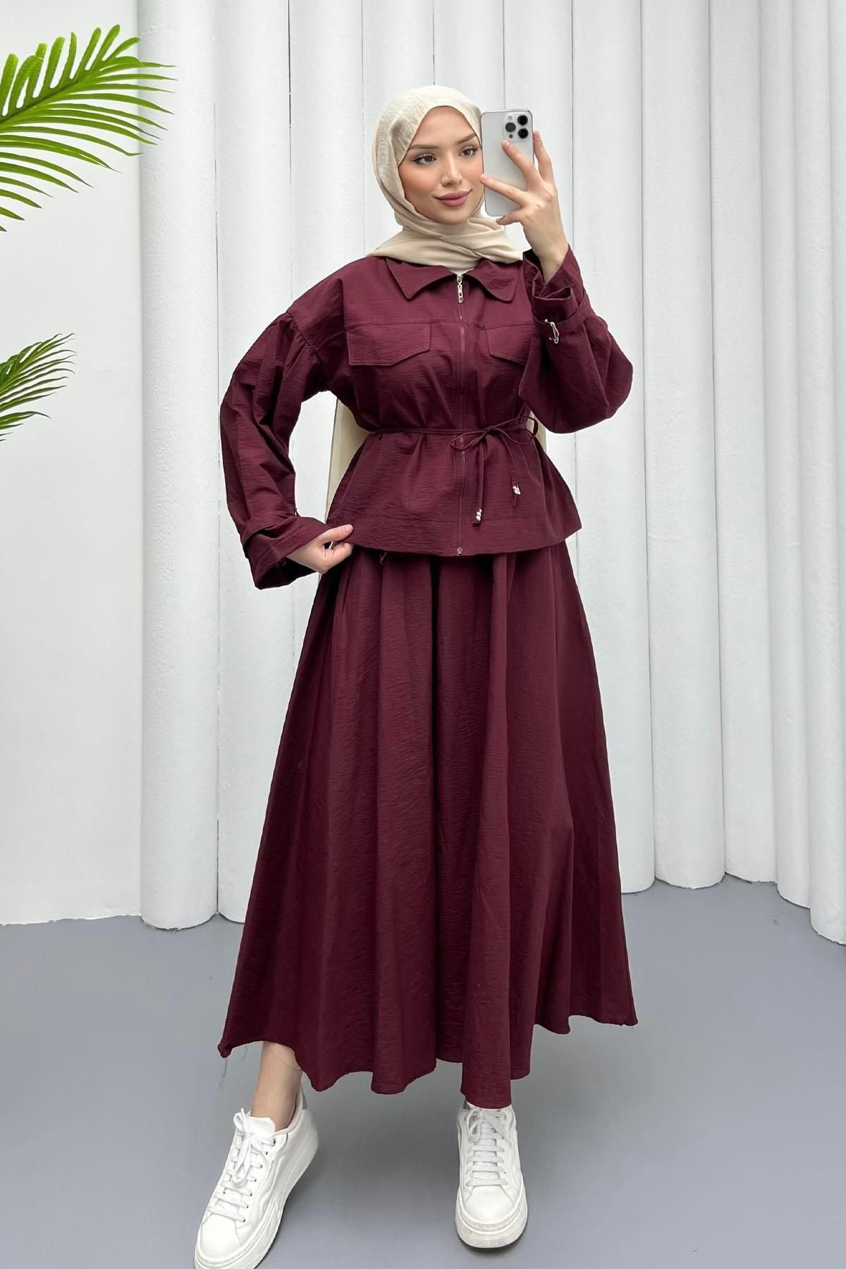 Modaensarbutik-Front Zipper Skirt Hijab Suit-Bordo 3