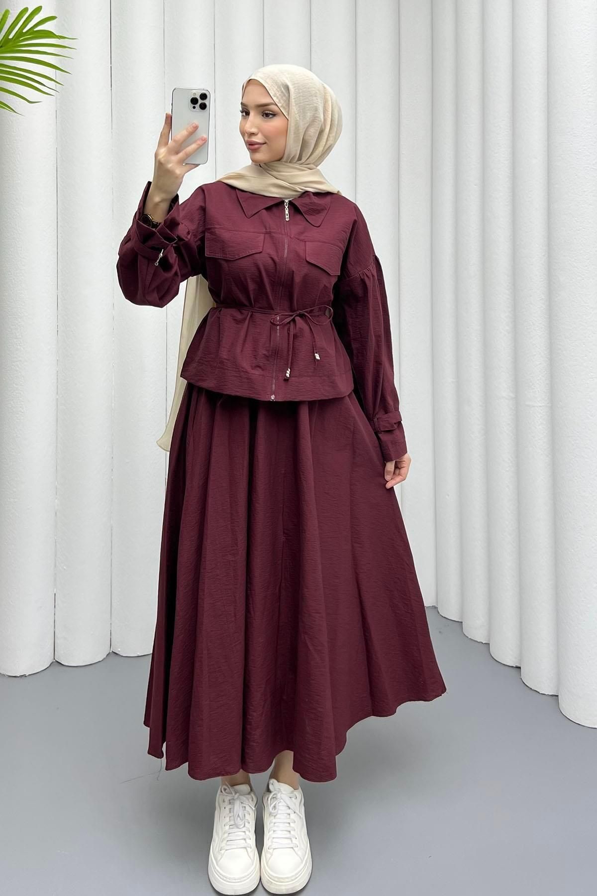 Modaensarbutik-Front Zipper Skirt Hijab Suit-Bordo 1