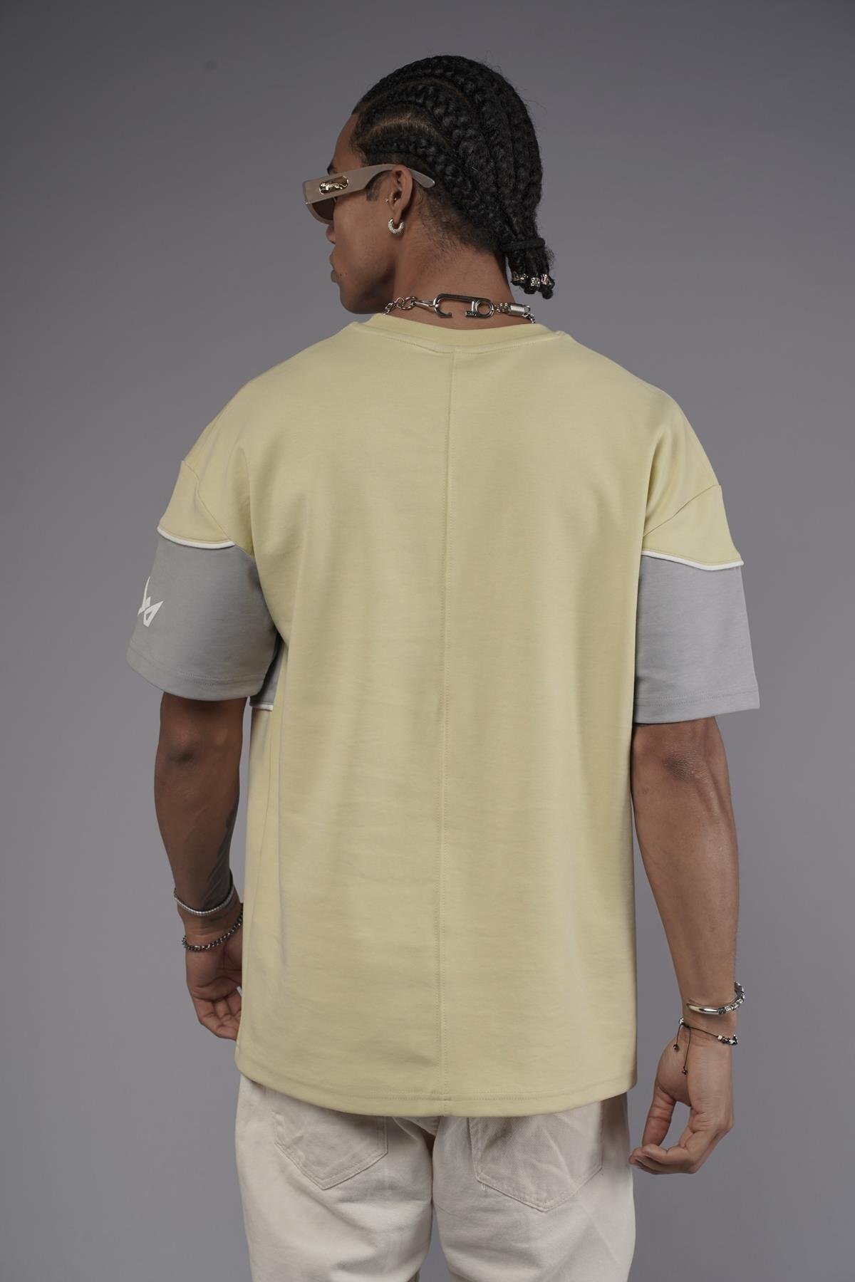 king brich-Crew Neck Garnished Oversize Unisex T-Shirt with Piping Detail 6