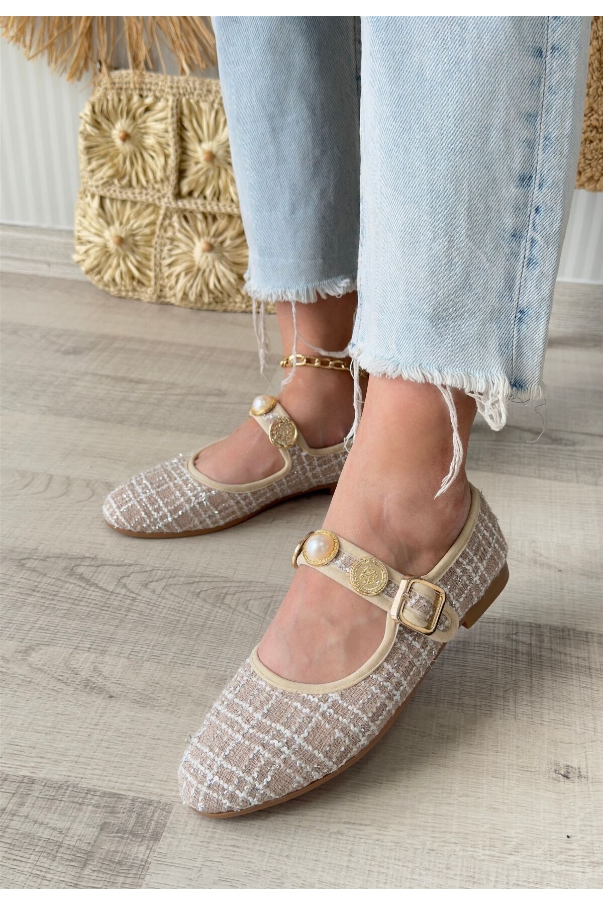 Modafiks-Hante Beige Linen Stone Babet Shoes - Lisinya 2