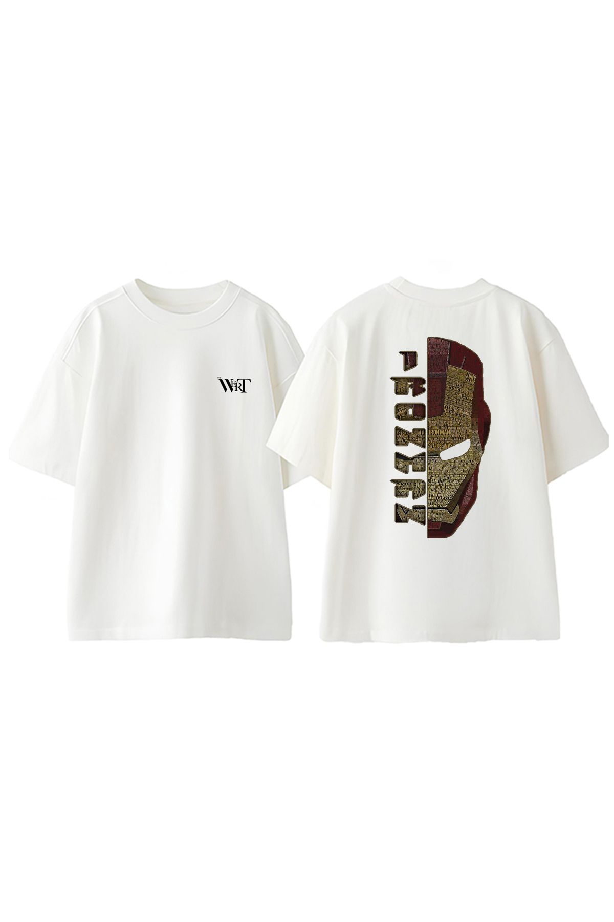 THEWERT-Tricou supradimensionat alb din bumbac cu imprimeu pe spate Iron Man Face Text Design 1