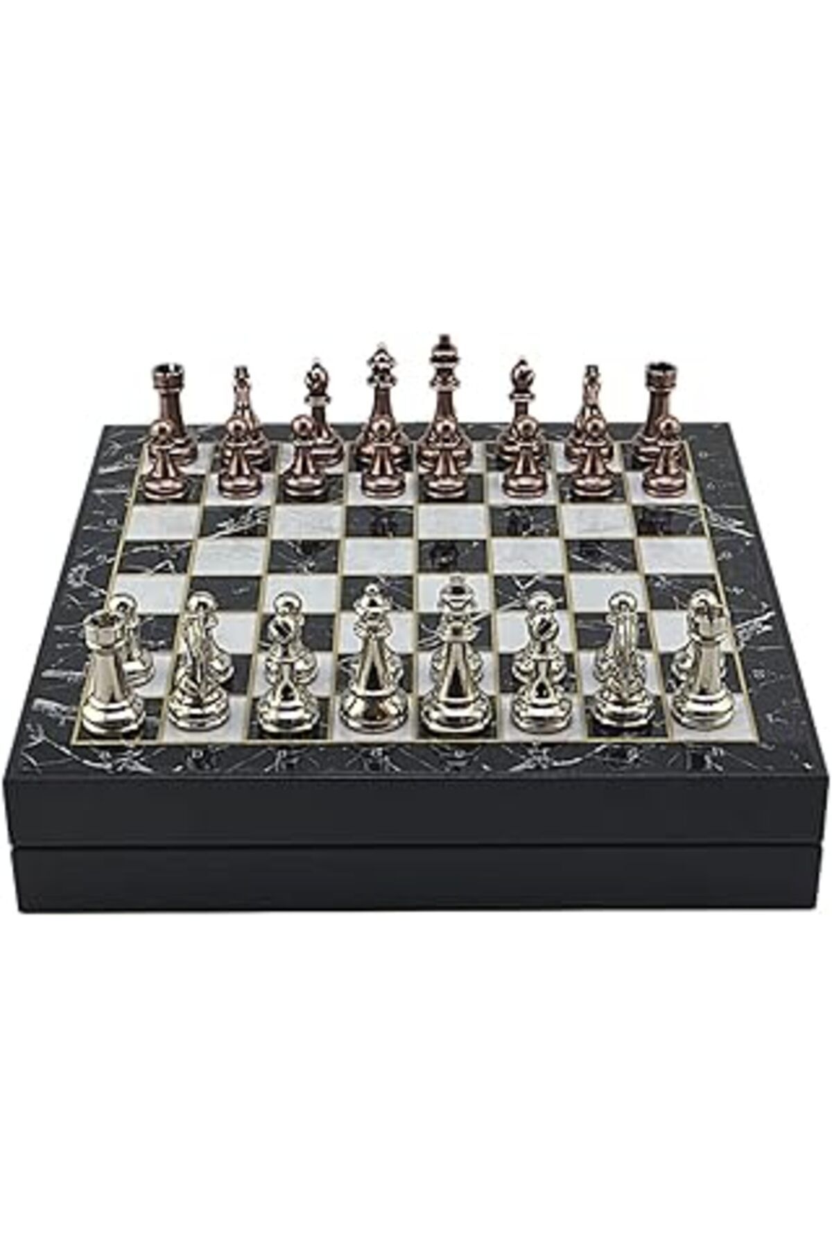 Qedii Gifthome Büyük Boy Metal Klasik Satranç Tk. Antik Ve Mermer Desenli Sandıklı Mdf Tahtası(36X36 Cm.)