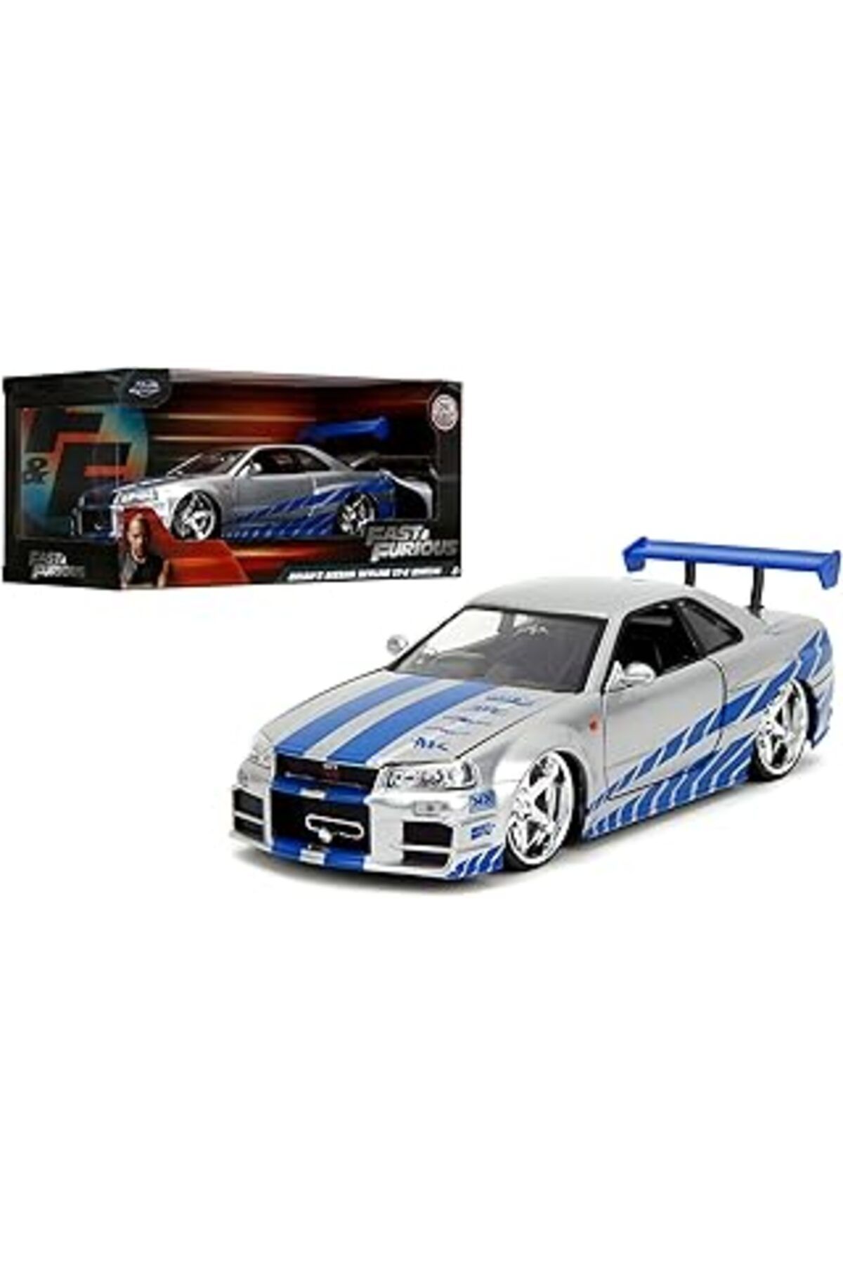 Karachil Jada Toys Fast & Furious Brian S 2002 Nissan Skyline R34 Die-Cast Car, 1:24 Scale, Silver & Blue
