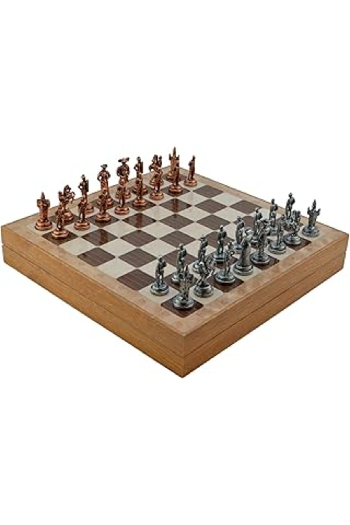 Qedii Gifthome Orta Boy Metal İspanyol Satranç Takımı Antik Ve Rustik Desenli Sandıklı Mdf Tahtası (36X36