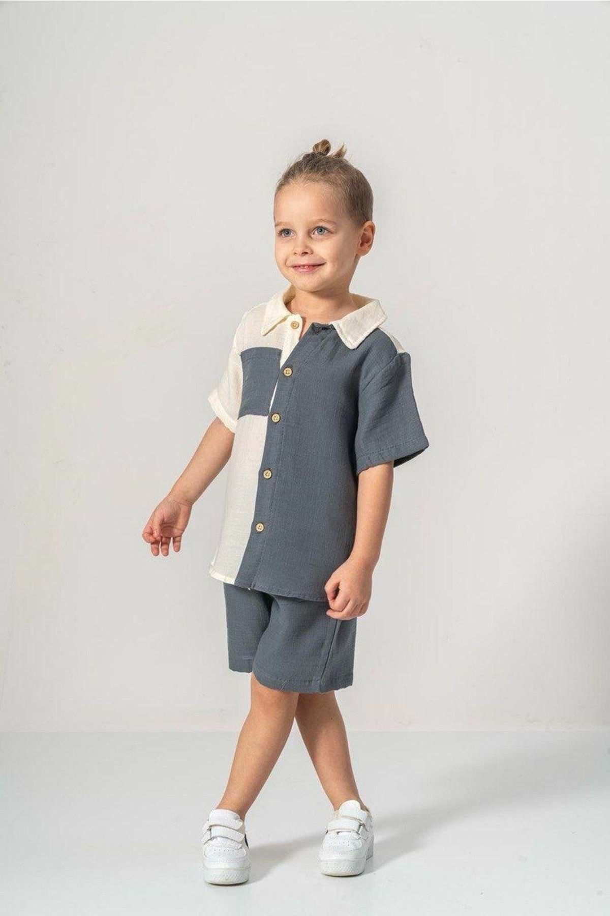 Mnk Baby&Kids-Muslin Fabric Cotton Summer Shorts Boy's Suit M00733 Gray 3