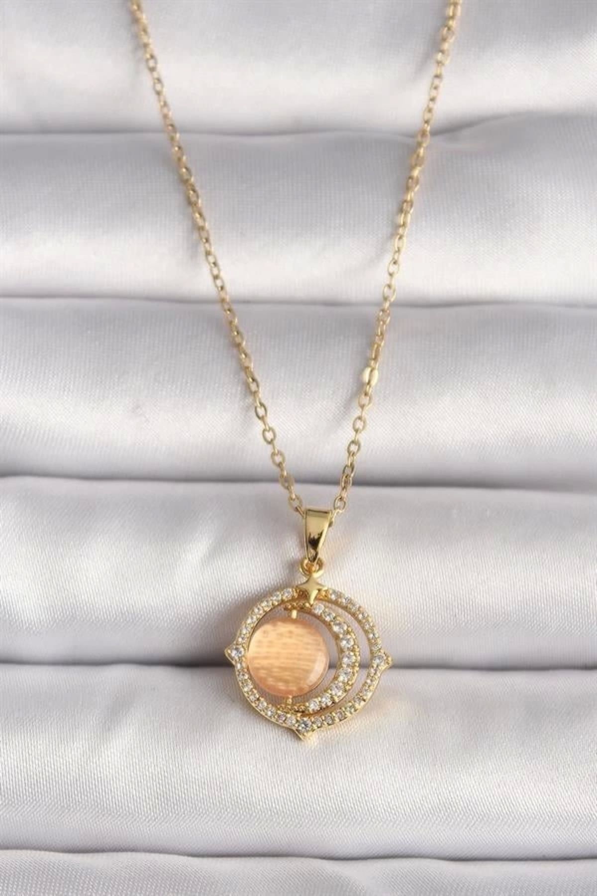 Alisim 316L Çelik Gold Renk Zirkon Taşlı Turuncu Sedefli Hilal Model Kadın Kolye