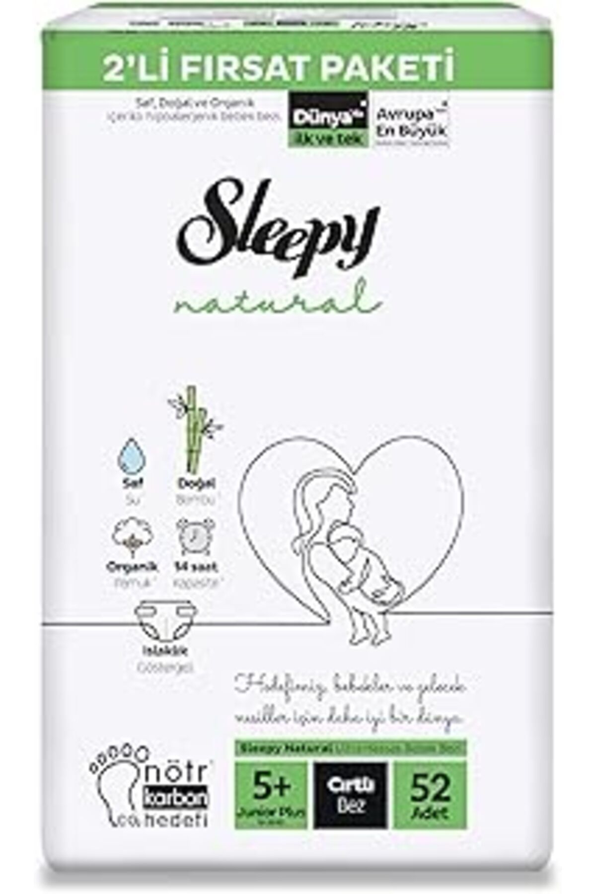 Roses Store Sleepy Natural 2'Li Fırsat Paketi Bebek Bezi 5+ Numara Junior Plus 52 Adet