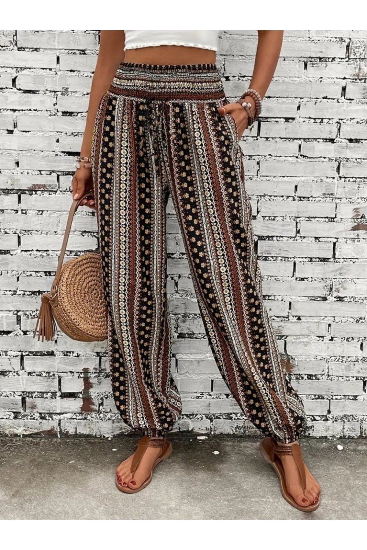 velmorafashion Kadın Yüksek Bel Etnik Desenli Geniş Dökümlü Bürümcük Pantolon