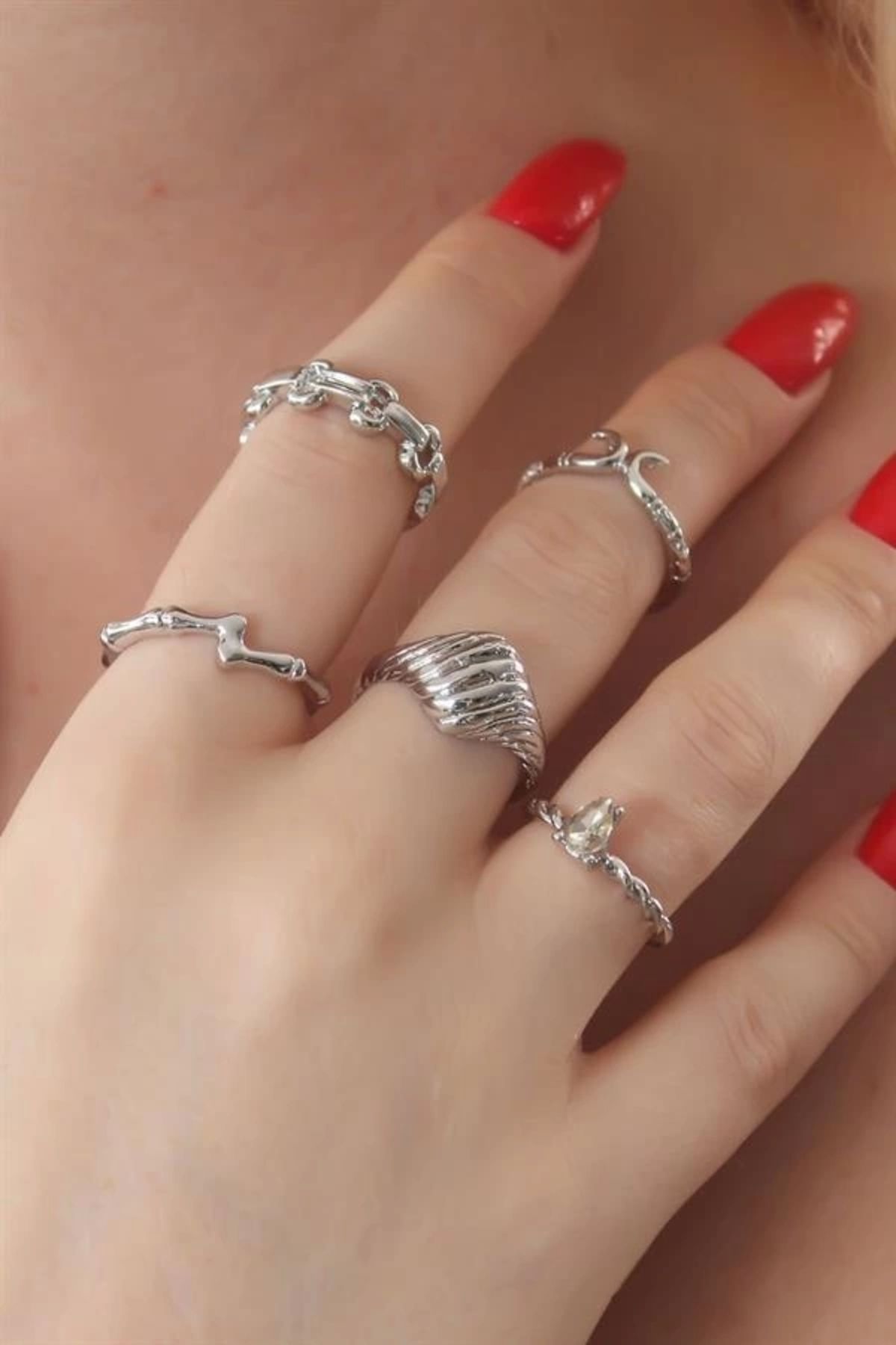 Alisim-Silver Color Spiral Model Zircon Stone Ring Combination 1