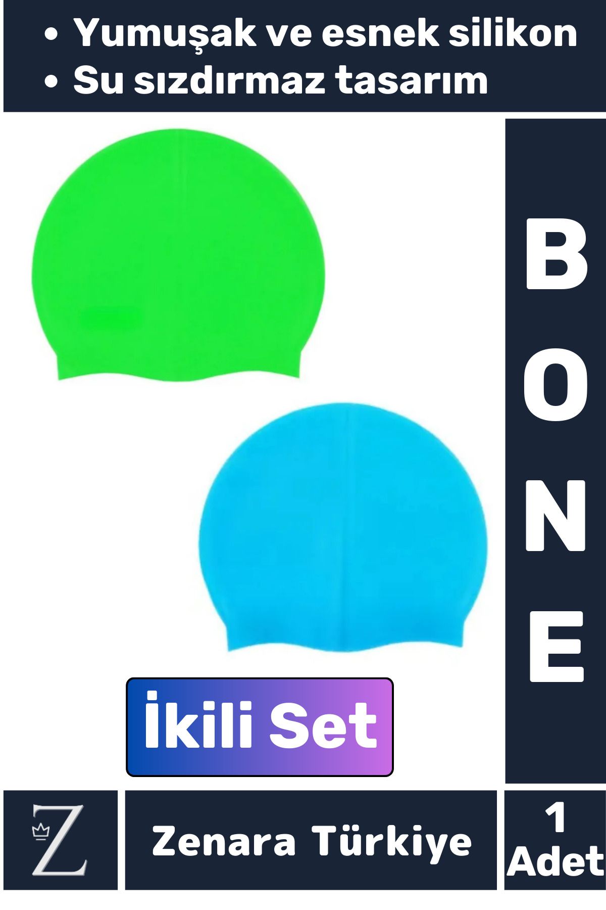 Zenara Su Geçirmez Elastik Yumuşak Yüzücü Havuz Deniz Yüzme Şapkası Esnek Silikon Bone 2'Li SET
